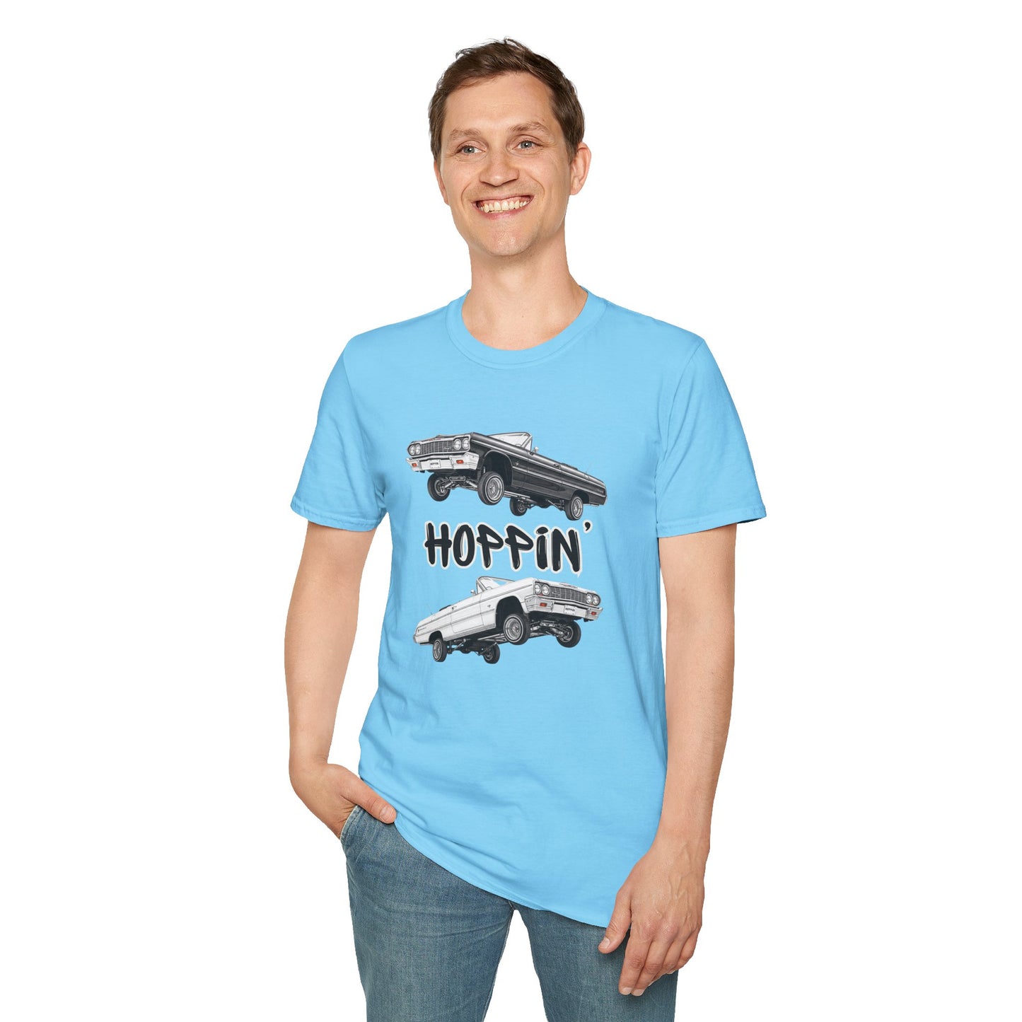 1964 Chevy Impala Hydraulics Lowrider Hoppin' Ink Drawing T-Shirt - Old School Hip Hop Cholo Art Tee Design - Chicano Car Club Graphic Tee