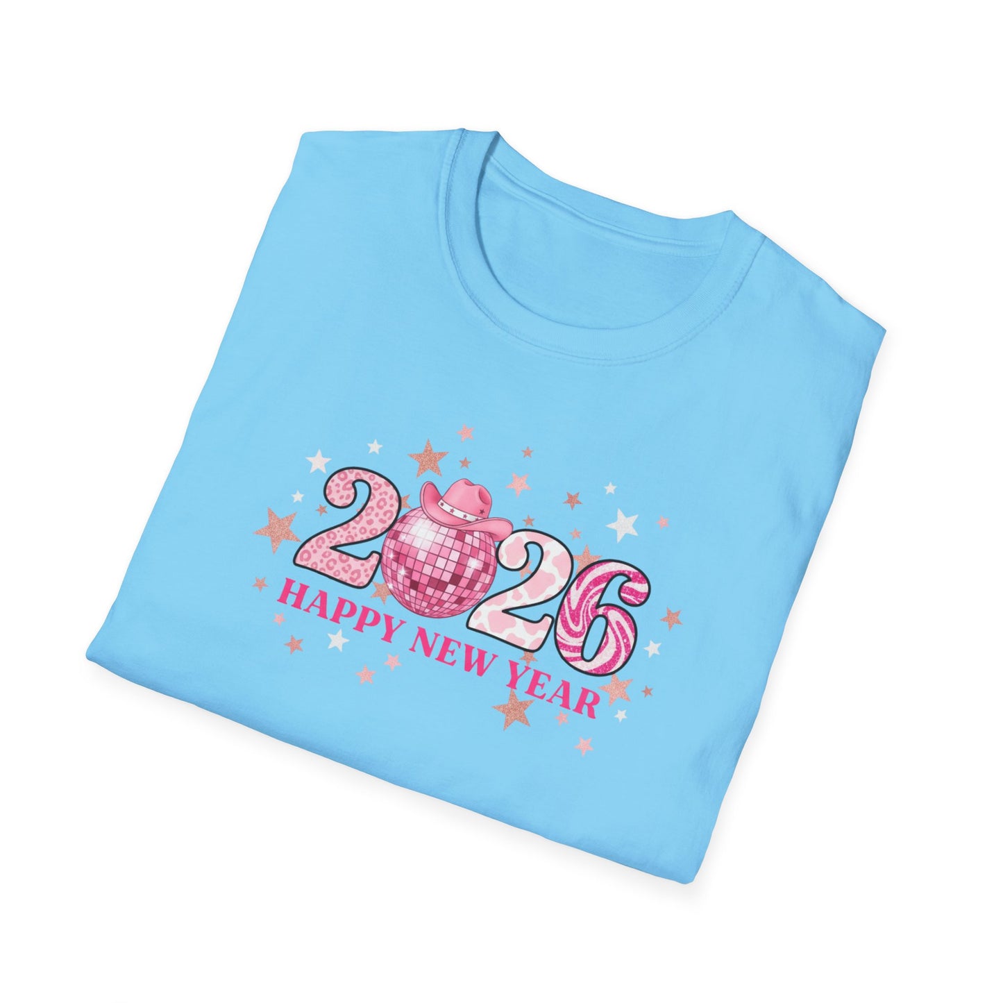 Happy New Year 2026 Pink Disco Cowgirl T-Shirt – Western New Year Shirt, Cute Pink 2026 Tee with Cowboy Hat & Stars, NYE Party Graphic Top