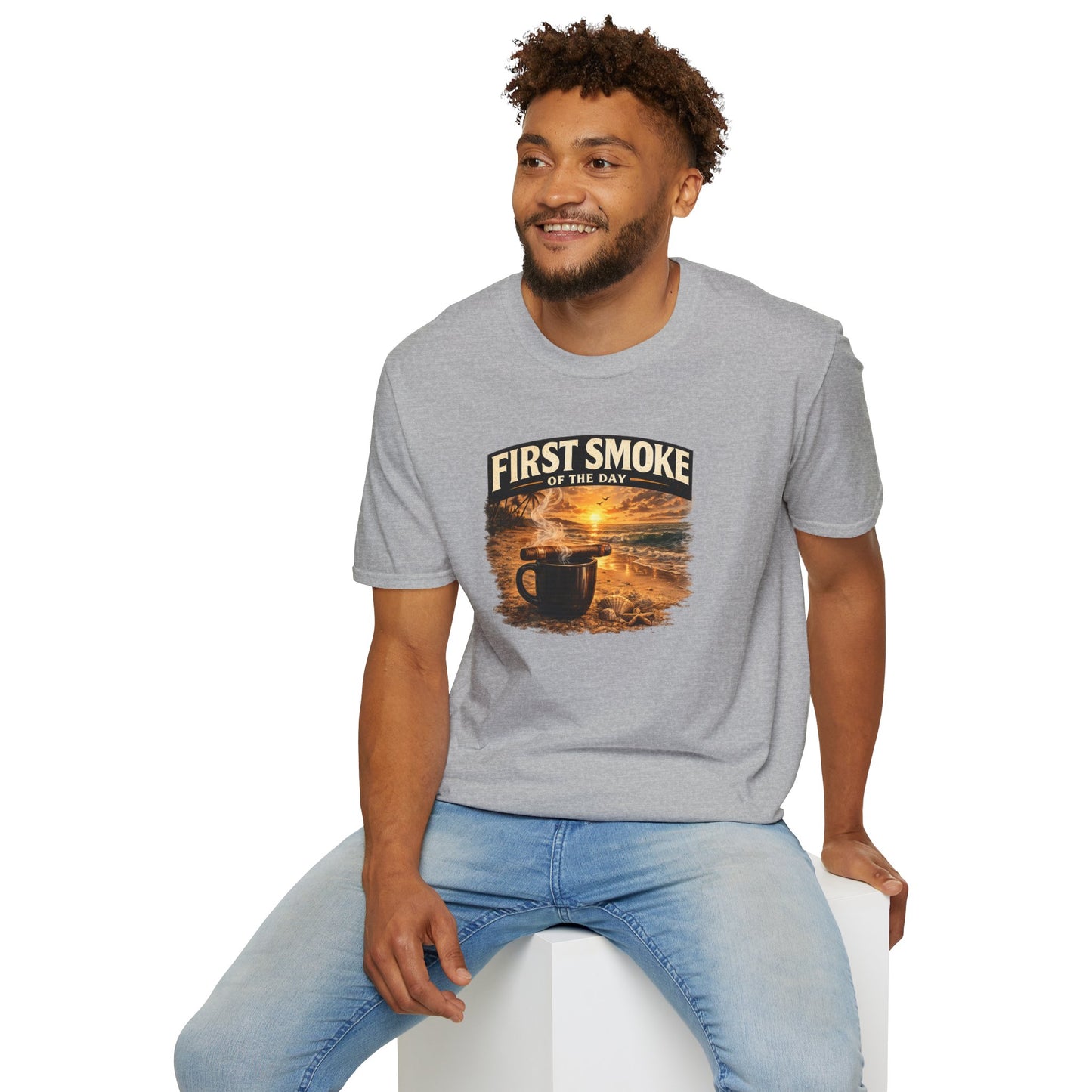 First Smoke of the Day T-Shirt – Cigar & Coffee Beach Sunrise Tee