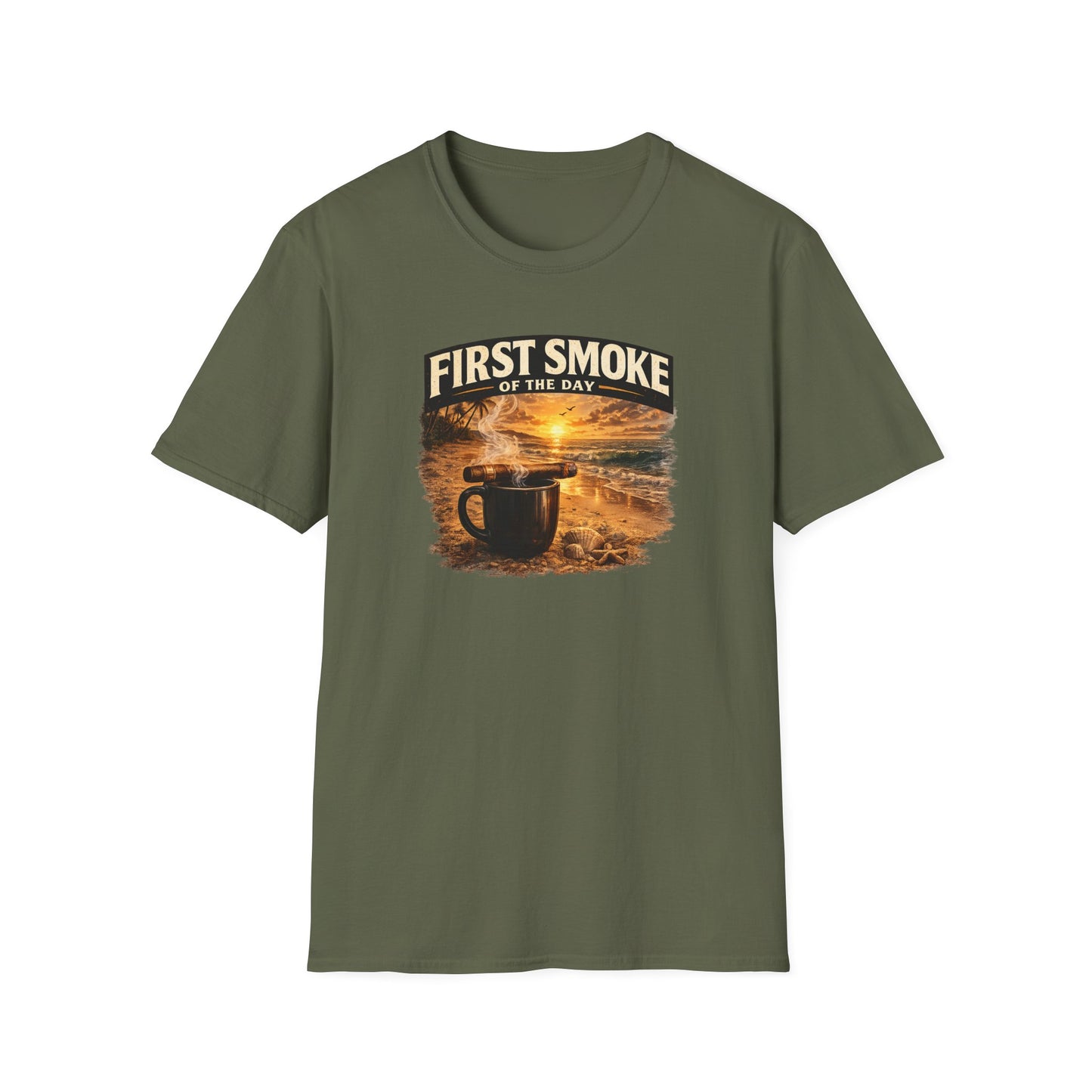 First Smoke of the Day T-Shirt – Cigar & Coffee Beach Sunrise Tee