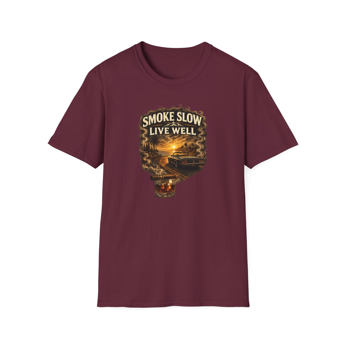 Smoke Slow Live Well Classic Car T-Shirt – Cigar, Whiskey & Sunset Cruise Tee  ⭐ Product Description