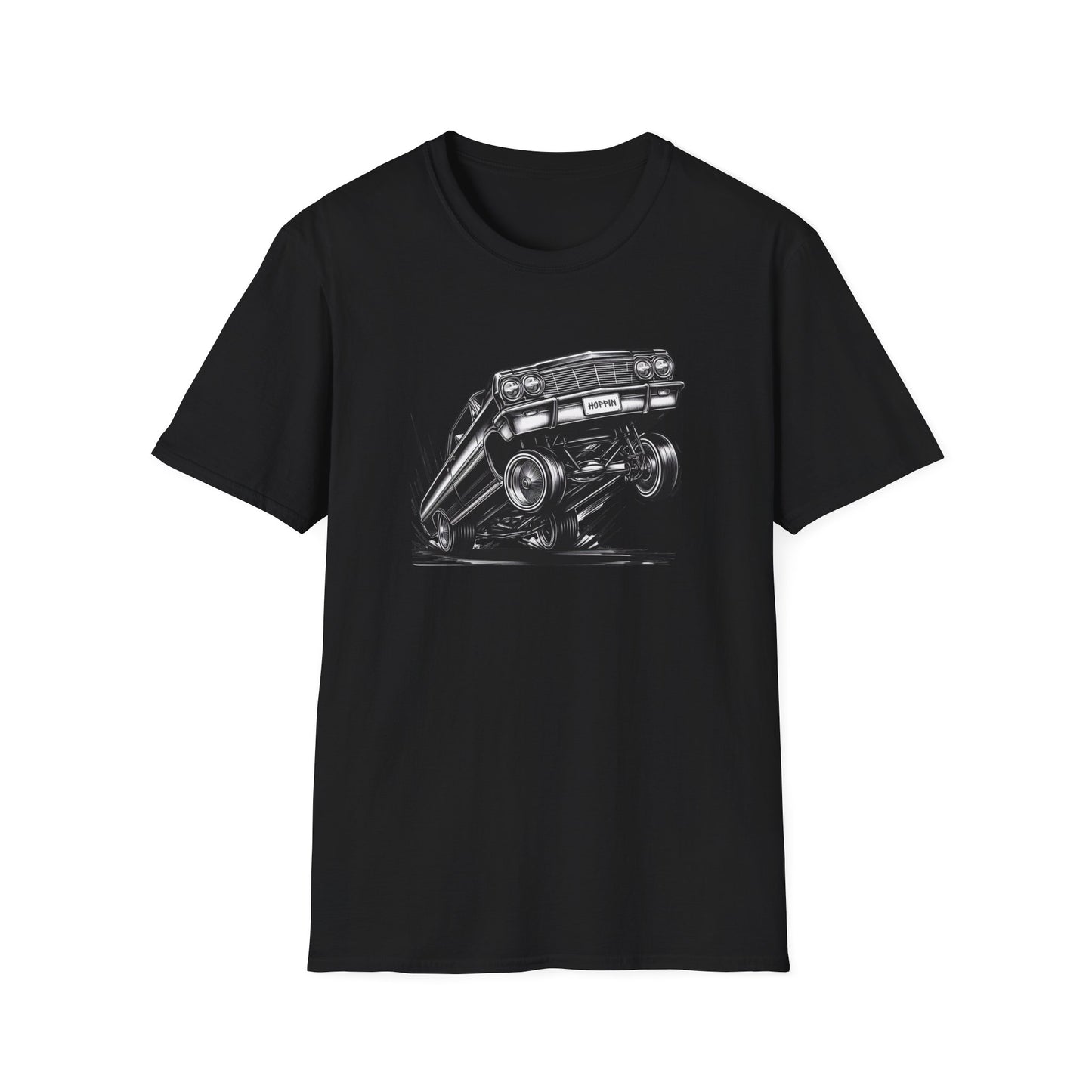 1964 Chevy Impala Hydraulics Lowrider Ink Drawing T-Shirt - Chicano Car Club Graphic Tee - Old School Hip Hop Cholo Art Tee Design