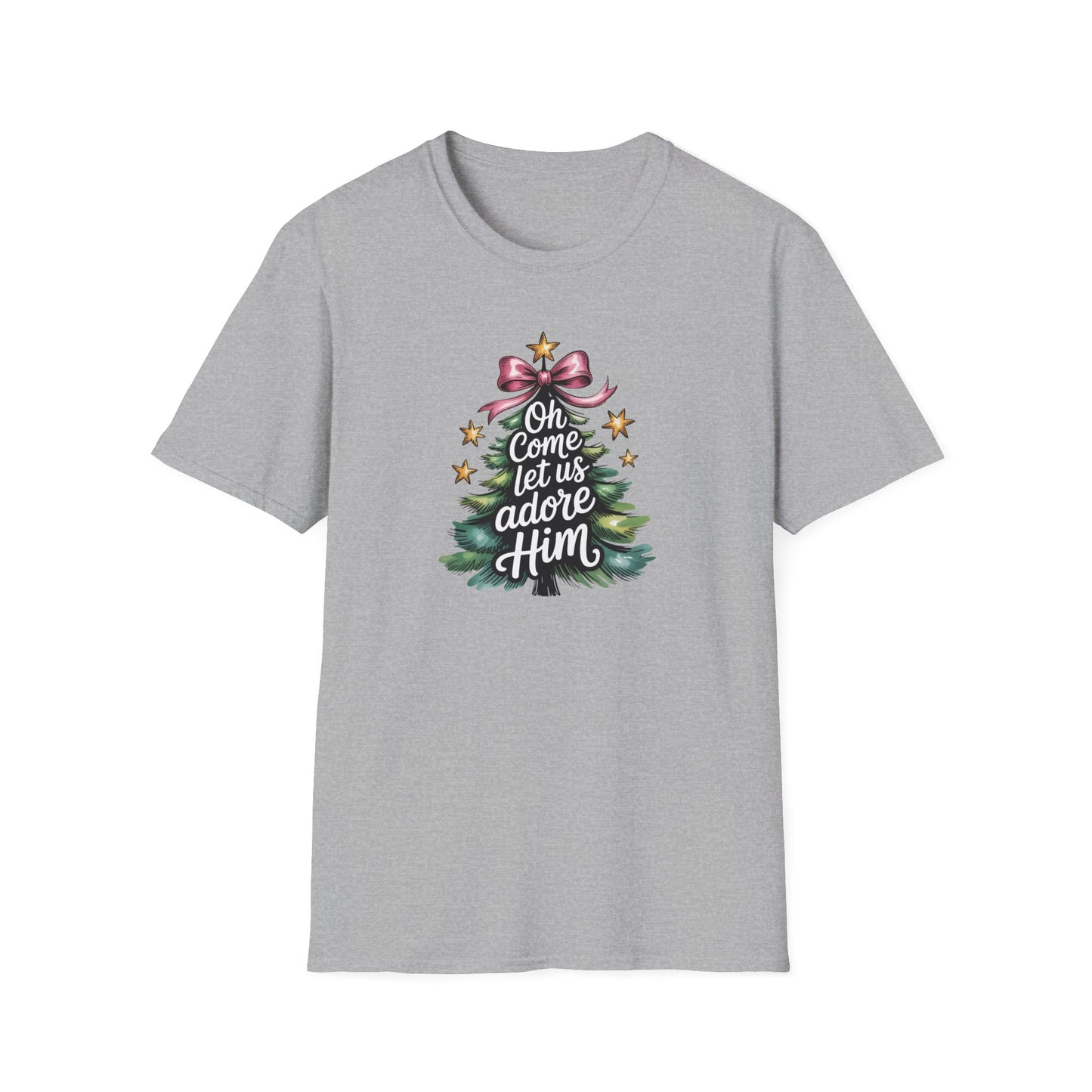 Oh Come Let Us Adore Him Christmas T-Shirt – Christian Holiday Tee with Bow and Christmas Tree Design
