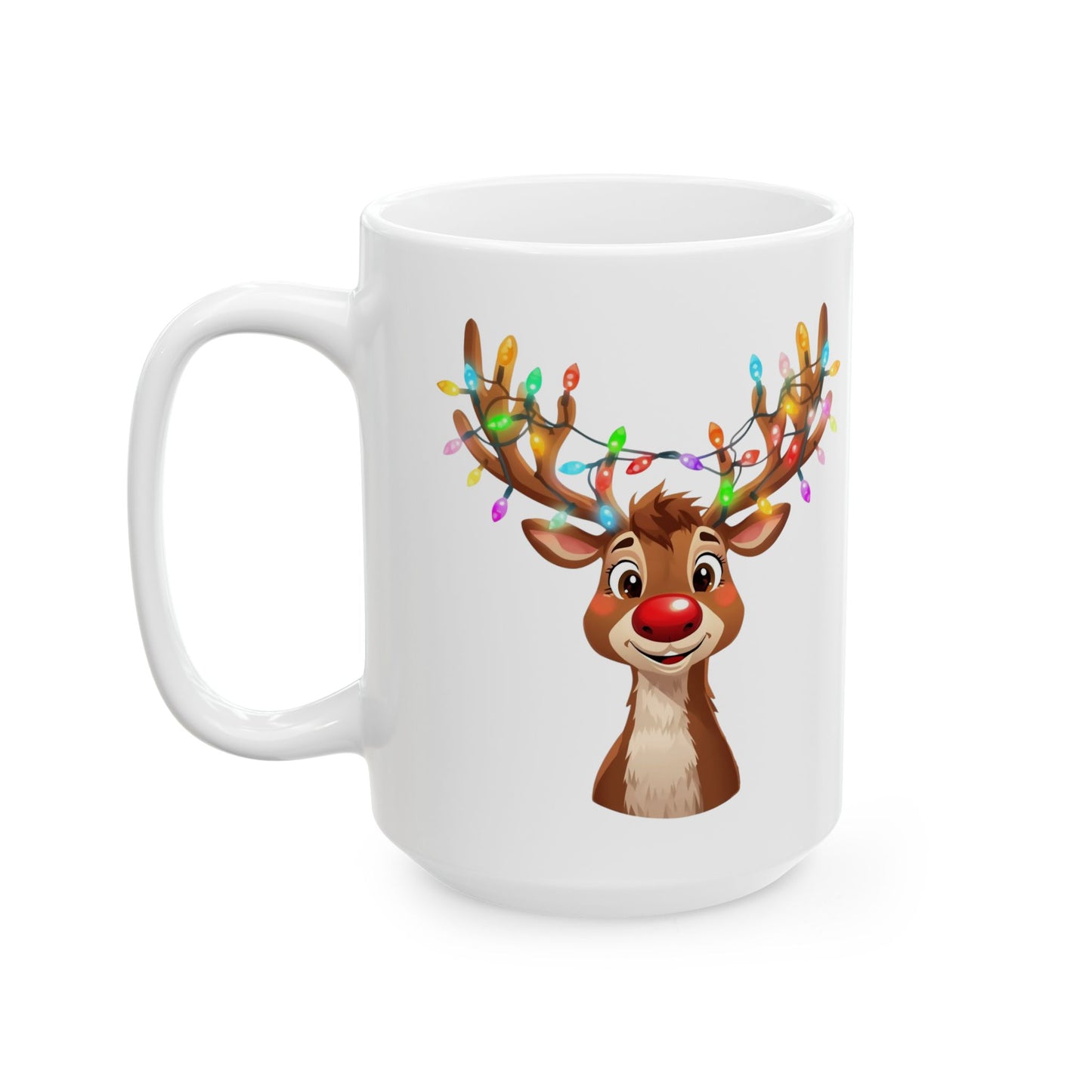 Reindeer Christmas Lights Mug – Cute Holiday Coffee Cup, Festive Reindeer Ceramic Mug, Christmas Gift Idea (11oz/15oz)