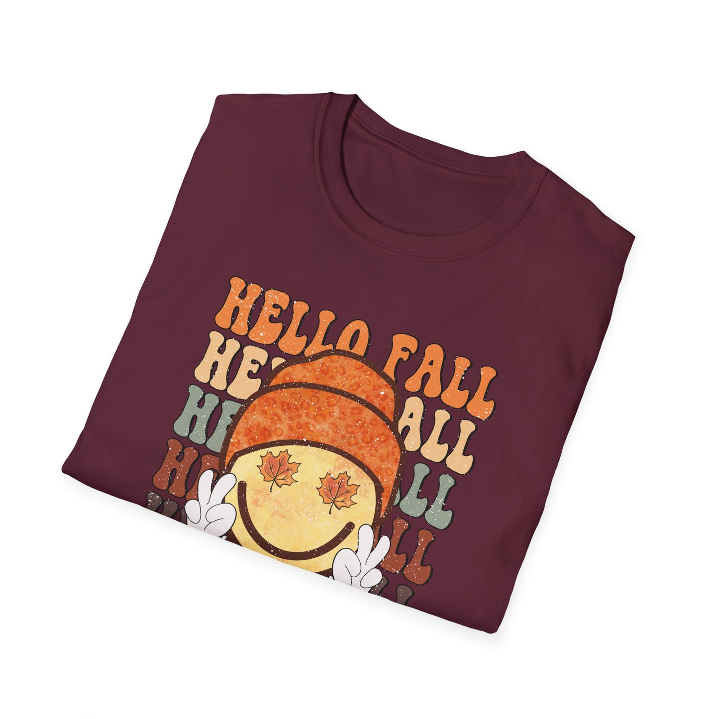 Hello Fall Happy Face Peace T-Shirt, Autumn Graphic Tee, Relaxing Casual Top, Seasonal Clothing, Thanksgiving Tee, Friendsgiving gift