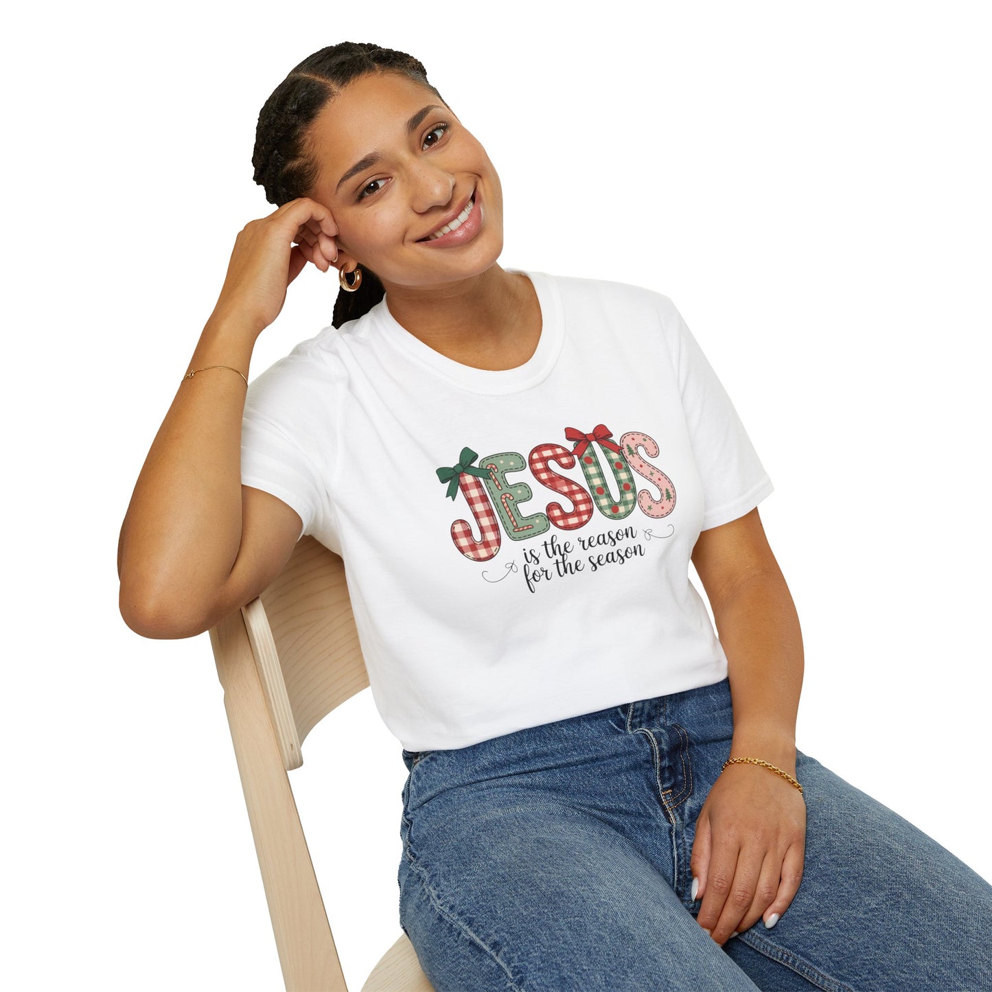 Jesus Is the Reason for the Season Christmas T-Shirt – Cute Plaid Holiday Christian Tee with Bows