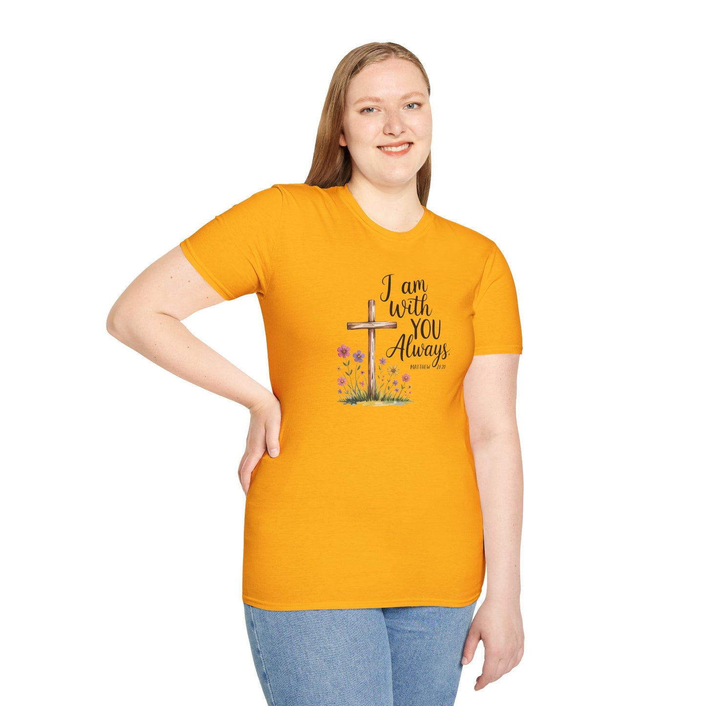 I Am With You Always Christian T-Shirt – Matthew 28:20 Scripture Tee with Cross and Flowers, Faith Inspirational Shirt