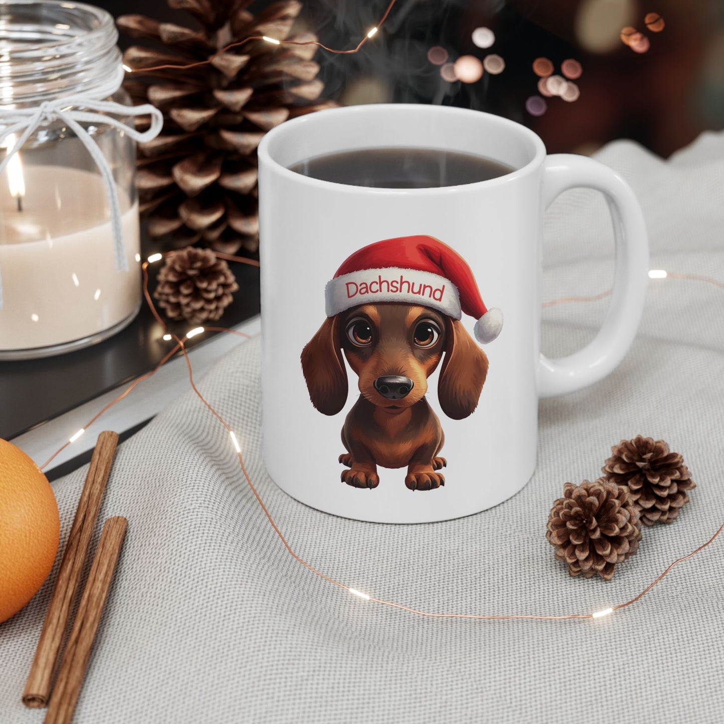 Dachshund Holiday Portrait Mug – Cute Holiday Coffee Cup, Festive Dachshund Ceramic Mug, Christmas Gift Idea (11oz/15oz)