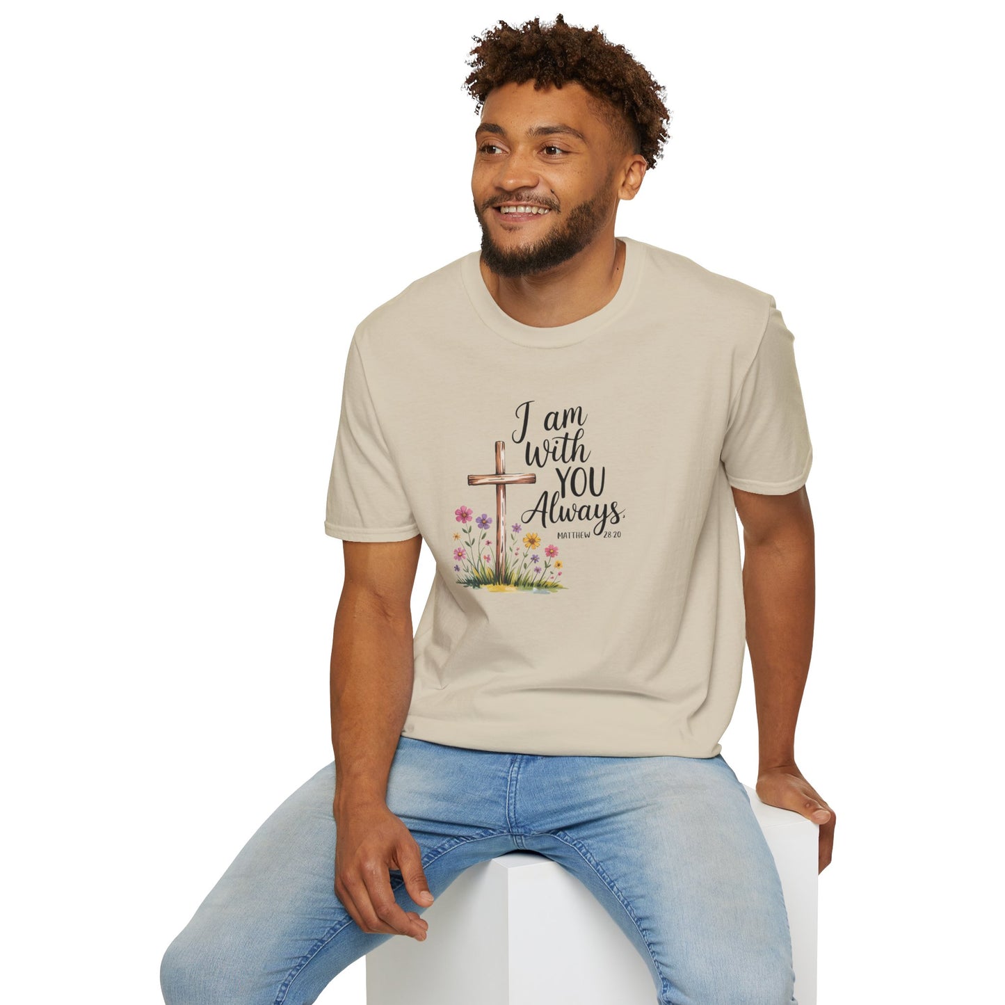 I Am With You Always Christian T-Shirt – Matthew 28:20 Scripture Tee with Cross and Flowers, Faith Inspirational Shirt