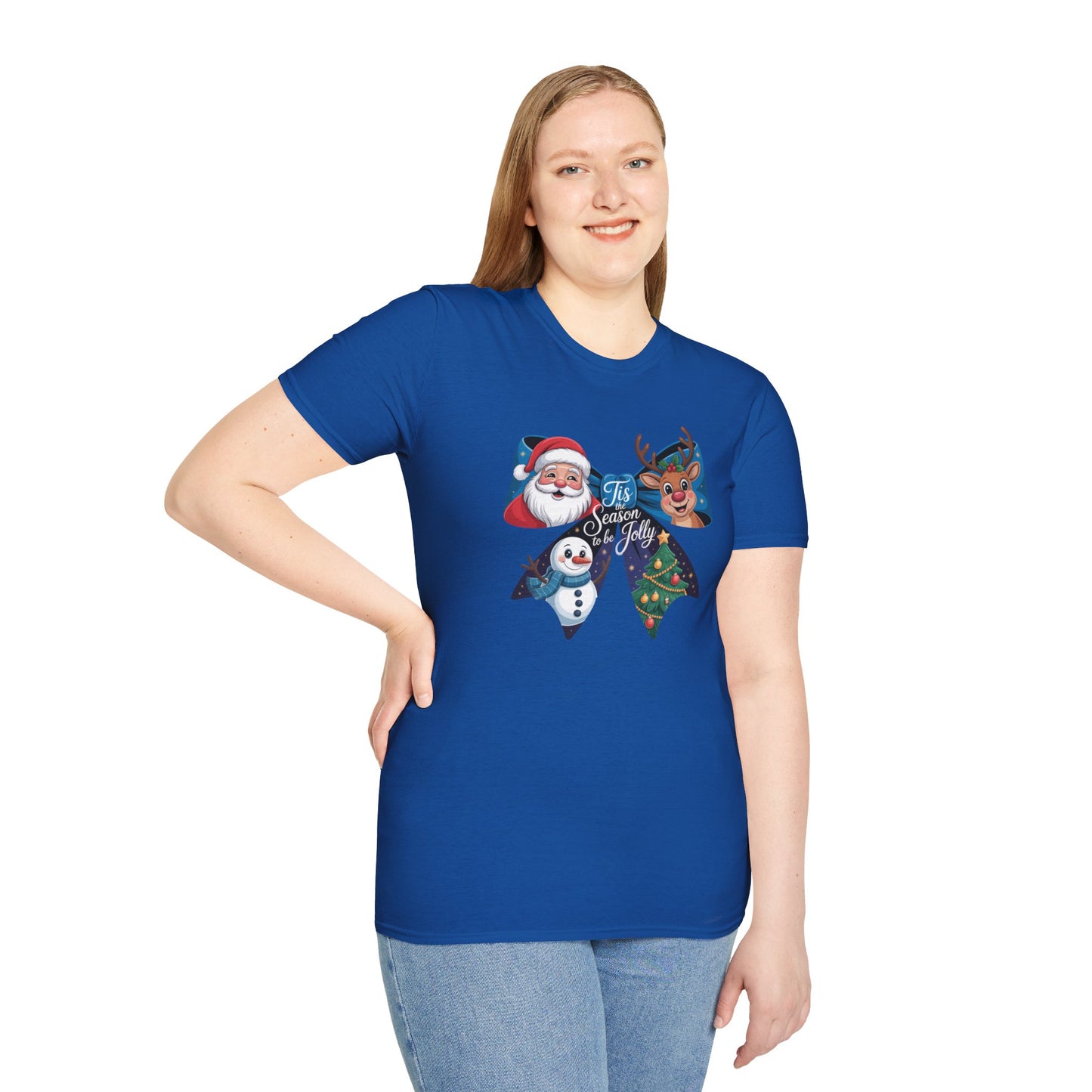 ’Tis the Season to Be Jolly Christmas T-Shirt – Cute Santa Reindeer Snowman & Christmas Tree Bow Holiday Tee