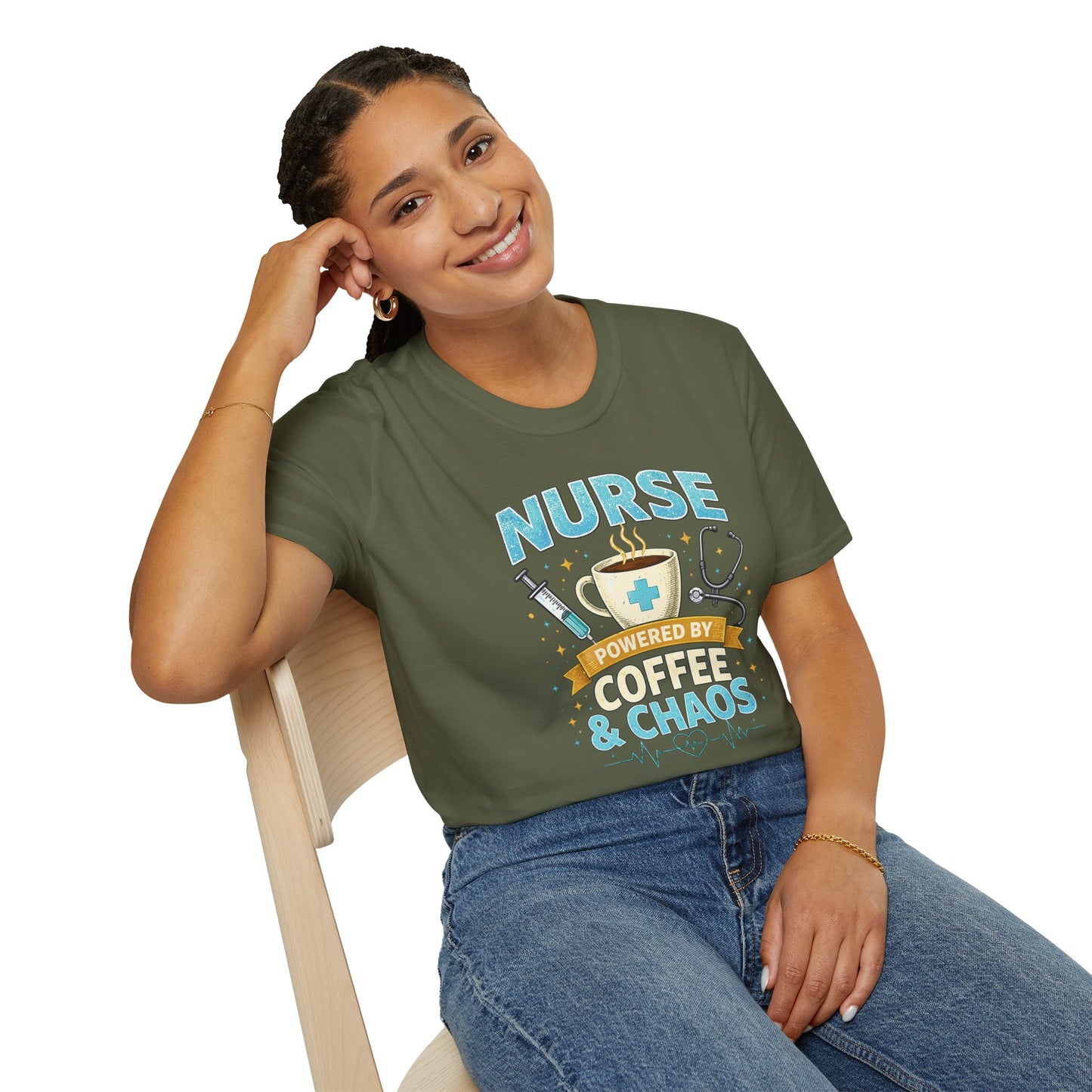Nurse Powered by Coffee & Chaos Shirt, Funny Nurse Tee, RN CNA Gift, Nurse Life Graphic T-Shirt, Medical Worker Gift, Cute Nursing Shirt for Women Men