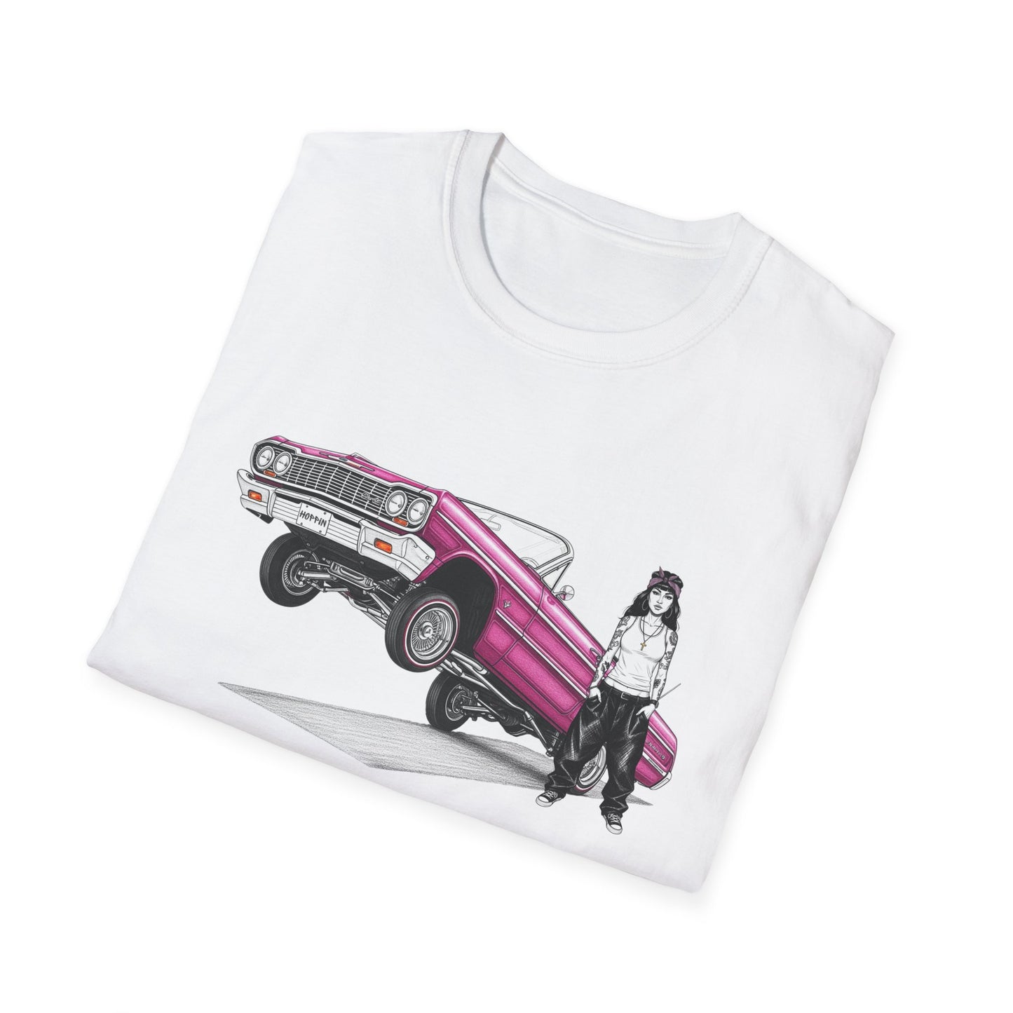 1964 Chevy Impala Hydraulics Lowrider Ink Drawing T-Shirt - Old School Hip Hop Cholo Art Tee Design - Chicano Car Club Graphic Tee