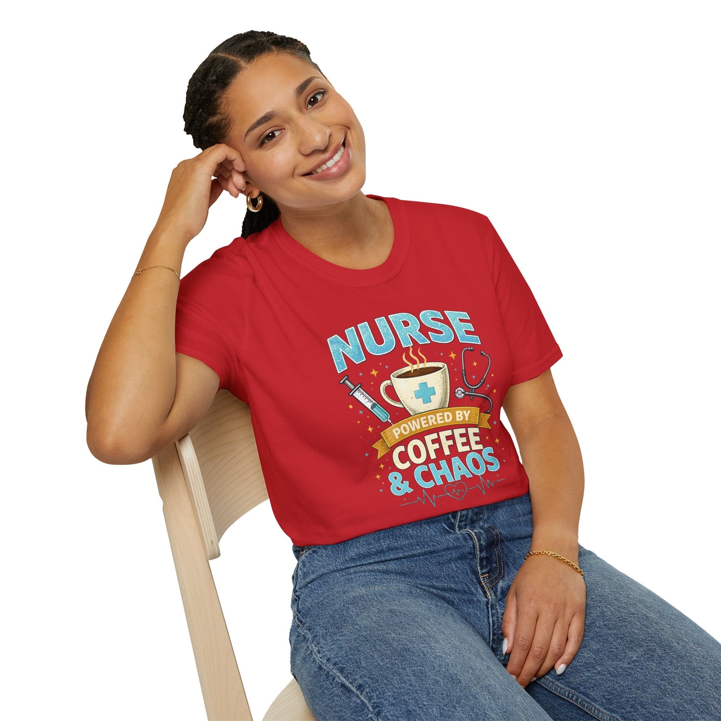 Nurse Powered by Coffee & Chaos Shirt, Funny Nurse Tee, RN CNA Gift, Nurse Life Graphic T-Shirt, Medical Worker Gift, Cute Nursing Shirt for Women Men