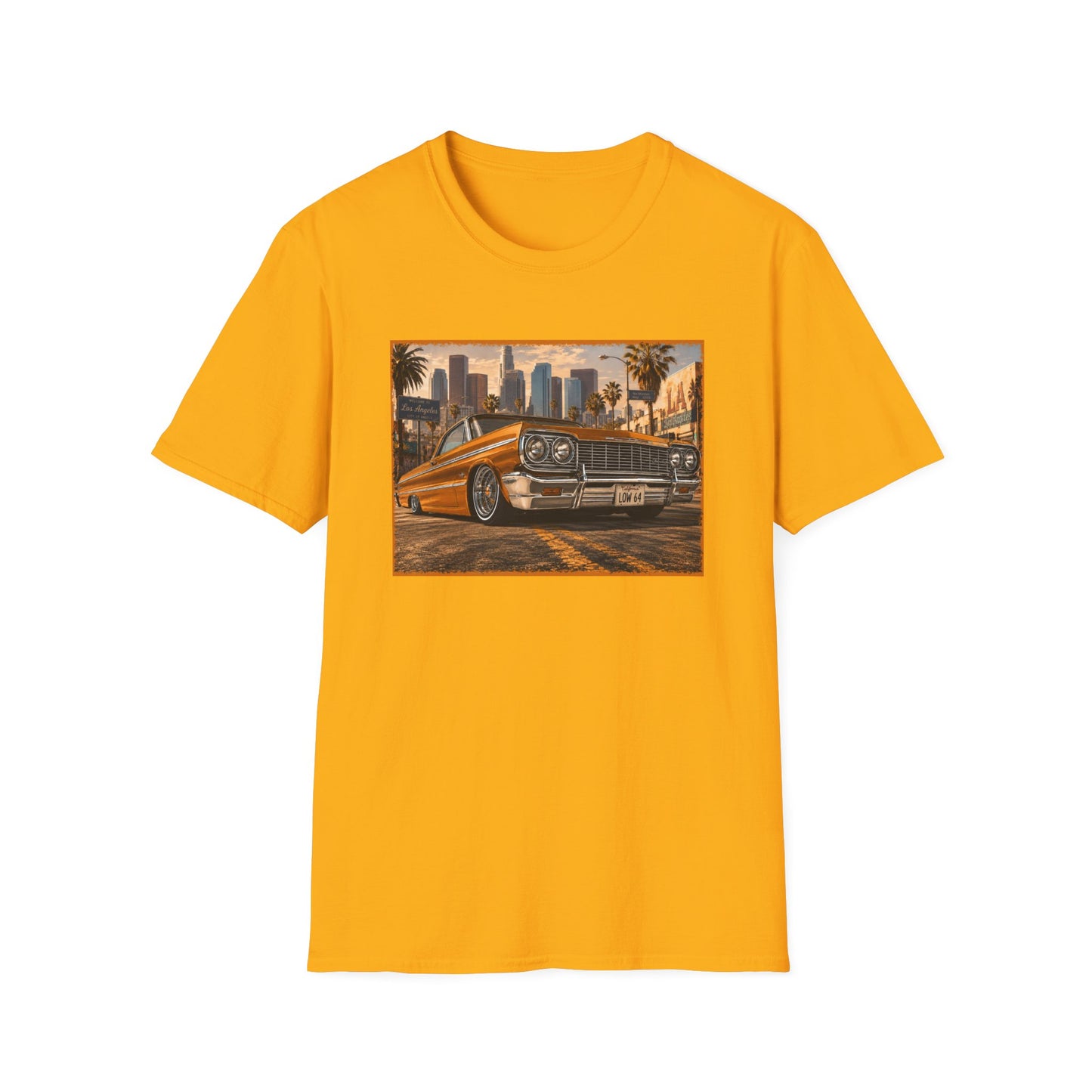 Los Angeles Lowrider T-Shirt, Orange Classic Car Graphic Tee, 1964 Style Car Shirt for Car Lovers