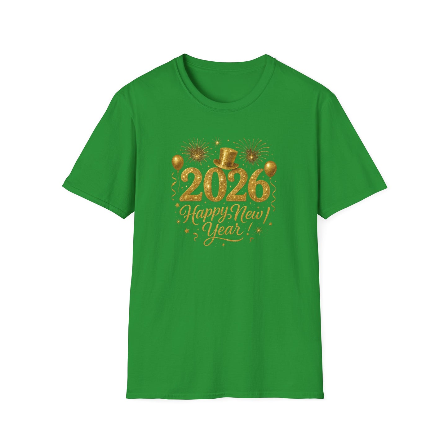 Happy New Year 2026 Gold Glitter T-Shirt – Sparkly New Year’s Eve Party Shirt, Festive 2026 NYE Tee with Fireworks & Balloons, Holiday Celebration Top