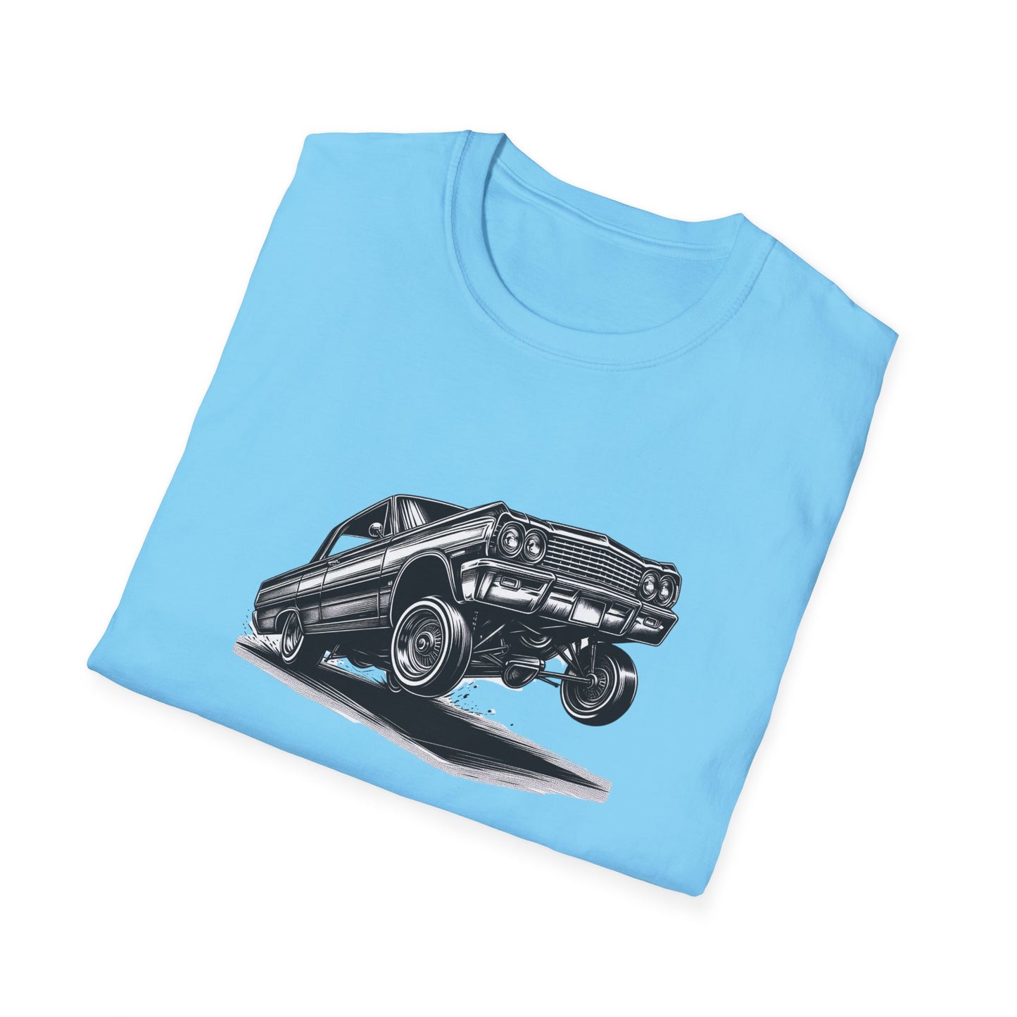 1964 Chevy Impala Hydraulics Lowrider Ink Drawing Graphic T-Shirt - Old School Hip Hop Cholo Art Design - Chicano Car Club Graphic Tee