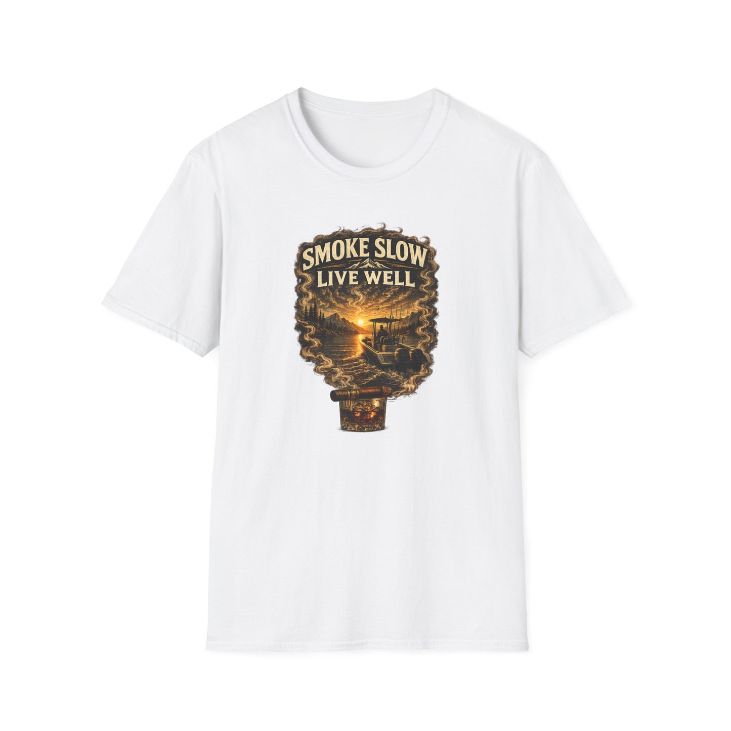 Smoke Slow Live Well Fishing T-Shirt – Cigar, Whiskey & Angler Lifestyle Tee