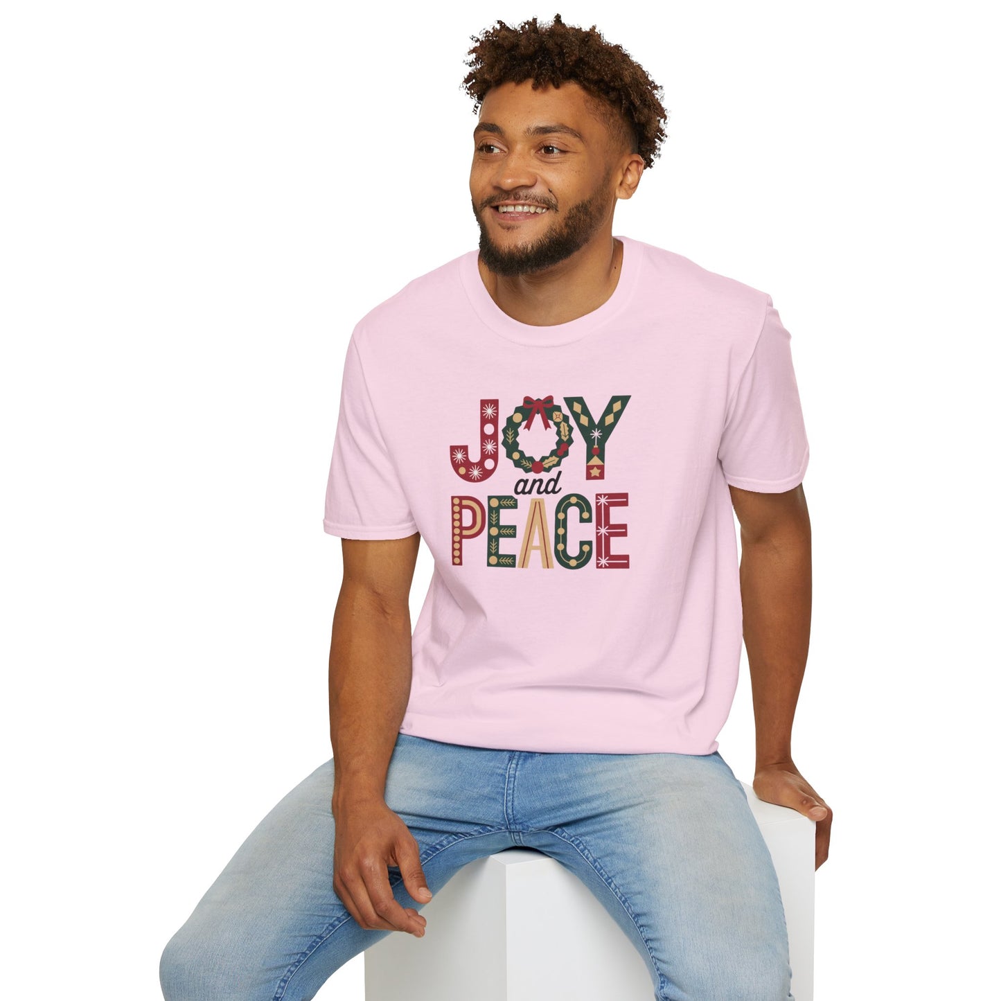 Joy and Peace Christmas T-Shirt – Festive Holiday Typography Tee with Wreath Design, Inspirational Christmas Shirt