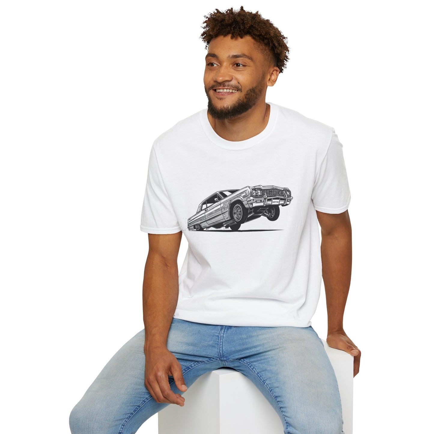 1964 Chevy Impala Hydraulics Lowrider Ink Drawing T-Shirt - Old School Hip Hop Cholo Art Tee Design - Chicano Car Club Graphic Tee