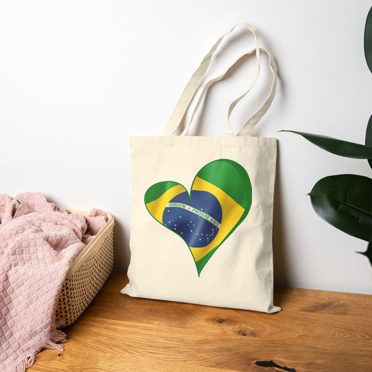 Brazil Flag Heart Tote Bag, Cotton Canvas Grocery Shopping Beach Handbag, Brazilian Pride Gift, Patriotic Shoulder Bag