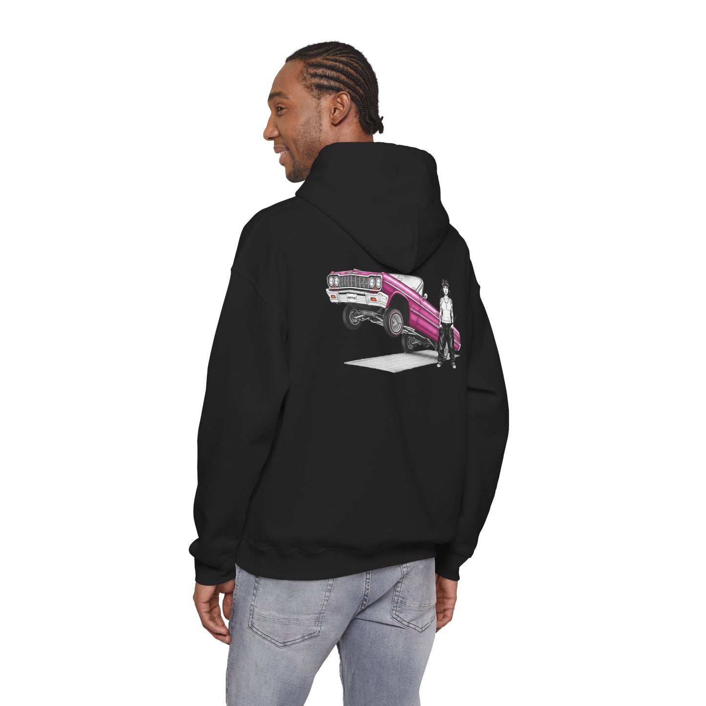 1964 Chevy Impala Hydraulics Lowrider Ink Drawing Hoodie - Old School Hip Hop Cholo Art Design - Chicano Car Club Graphic Hoodie