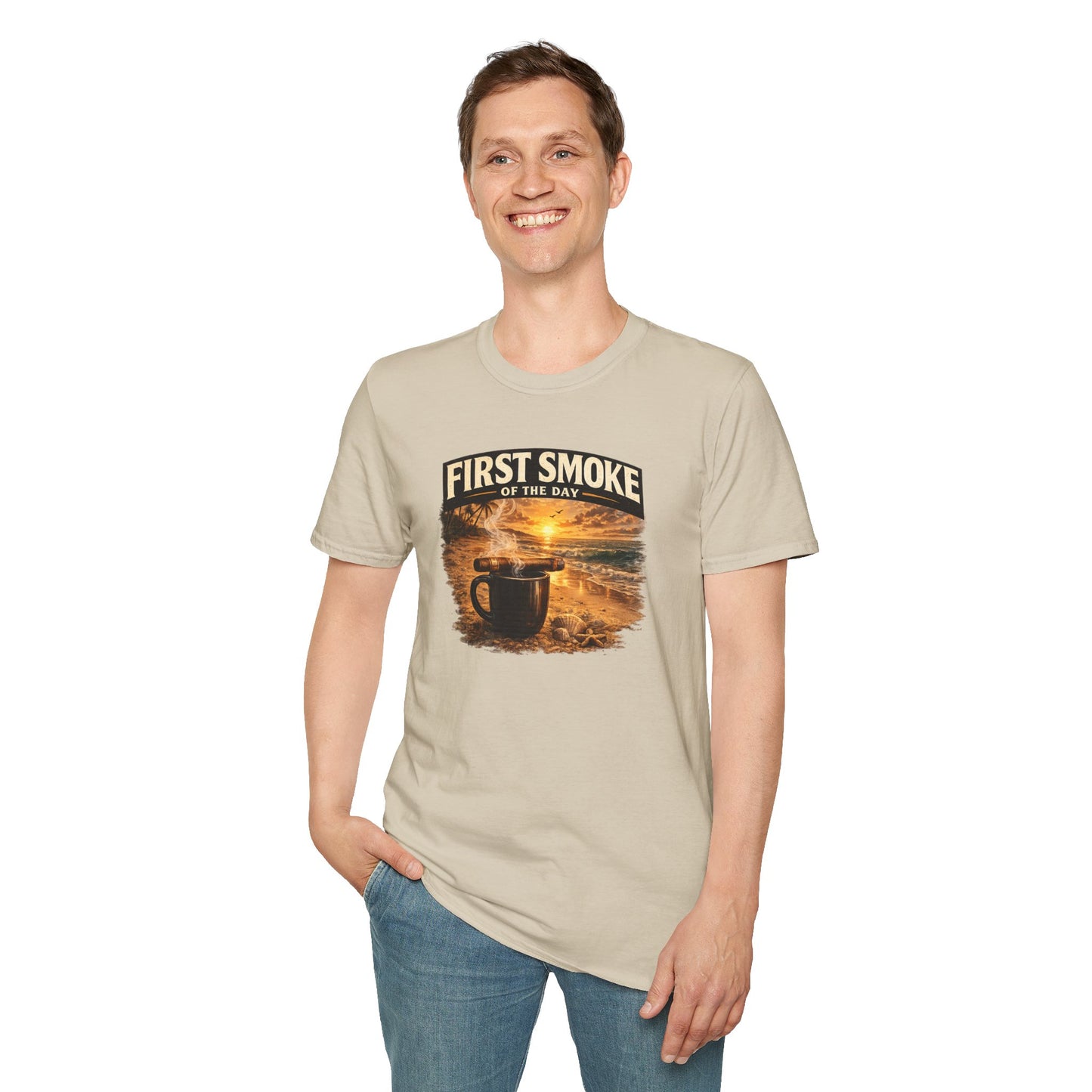 First Smoke of the Day T-Shirt – Cigar & Coffee Beach Sunrise Tee