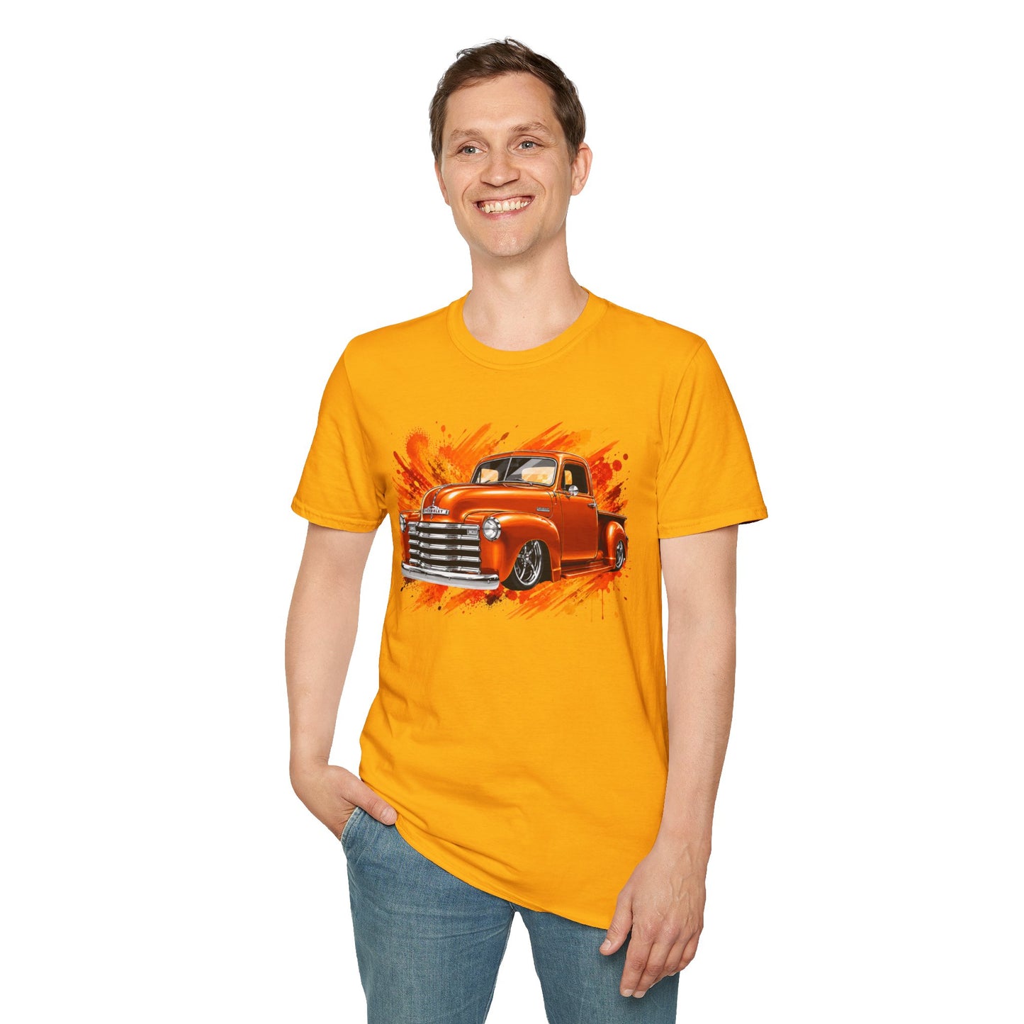 Orange Classic Truck T-Shirt, Vintage Pickup Graphic Tee, Custom Truck Shirt for Car Lovers
