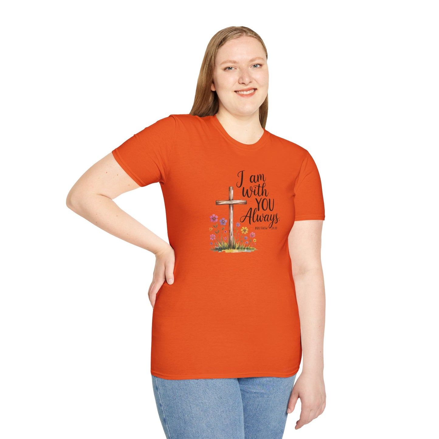 I Am With You Always Christian T-Shirt – Matthew 28:20 Scripture Tee with Cross and Flowers, Faith Inspirational Shirt