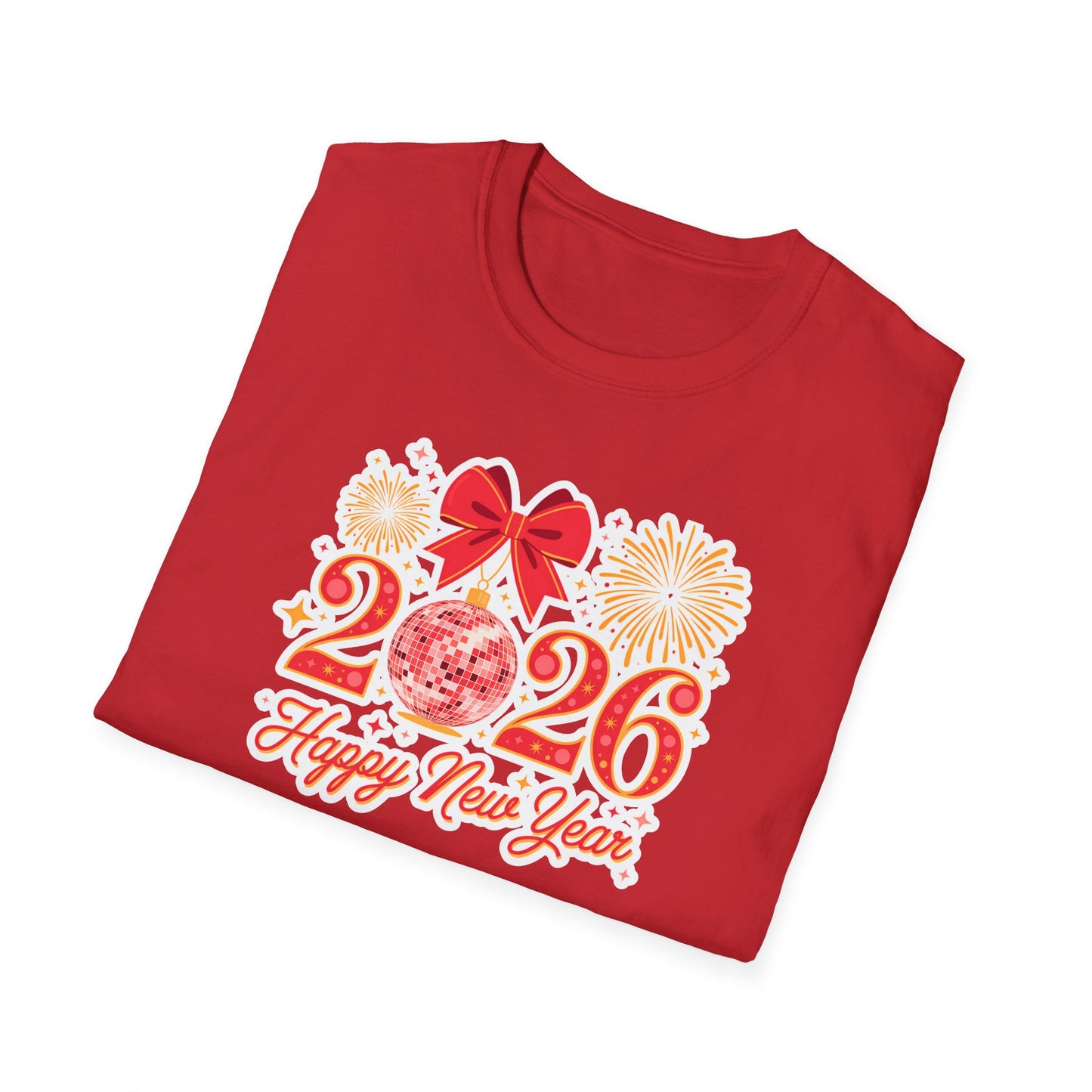 Happy New Year 2026 T-Shirt – Red & Gold Disco Ball New Year Shirt, Festive Bow and Fireworks 2026 NYE Tee, Holiday Celebration Party Top
