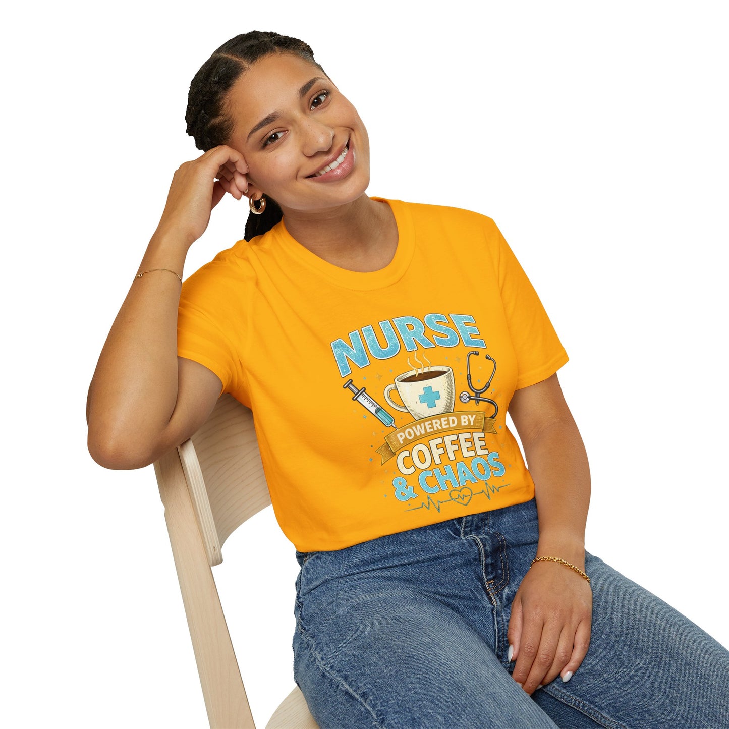 Nurse Powered by Coffee & Chaos Shirt, Funny Nurse Tee, RN CNA Gift, Nurse Life Graphic T-Shirt, Medical Worker Gift, Cute Nursing Shirt for Women Men