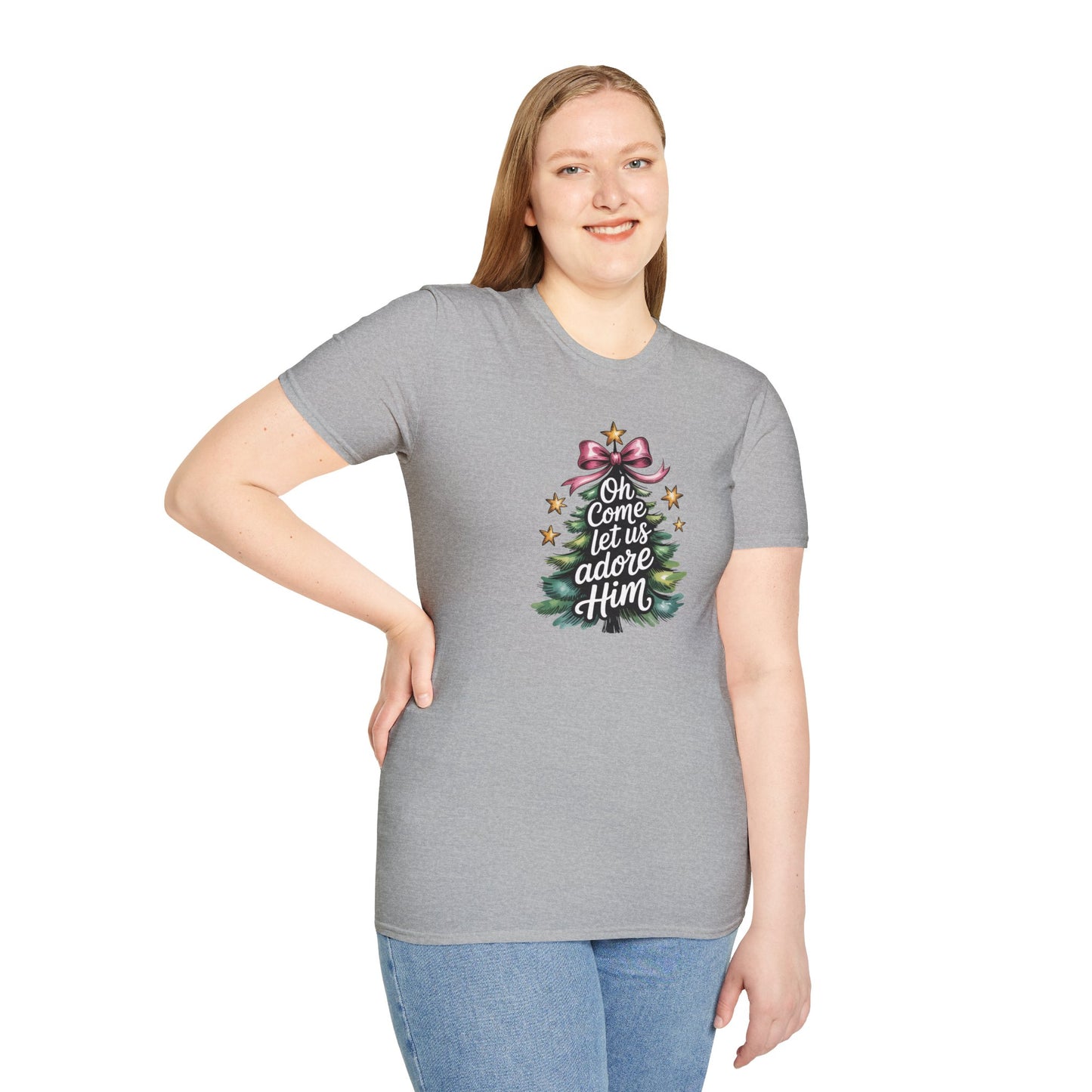 Oh Come Let Us Adore Him Christmas T-Shirt – Christian Holiday Tee with Bow and Christmas Tree Design