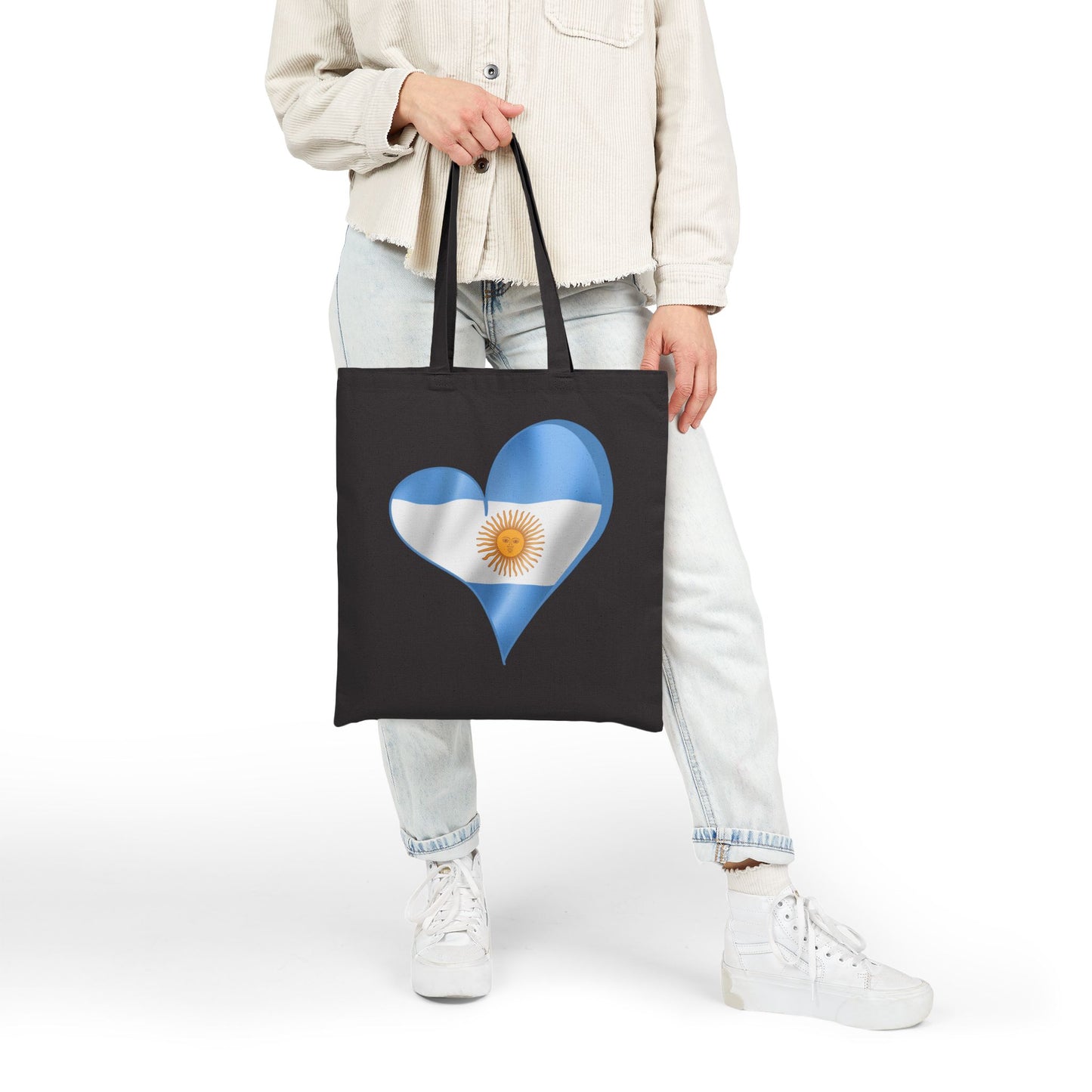 Argentina Flag Heart Tote Bag, Cotton Canvas Shopping Beach Handbag, Argentina Pride Gift, Patriotic Shoulder Bag, Reusable Eco-Friendly