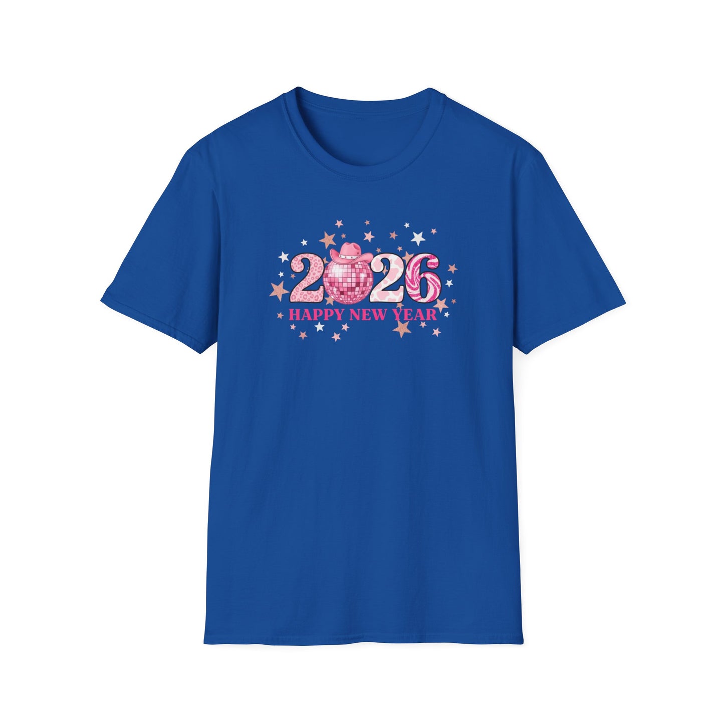 Happy New Year 2026 Pink Disco Cowgirl T-Shirt – Western New Year Shirt, Cute Pink 2026 Tee with Cowboy Hat & Stars, NYE Party Graphic Top