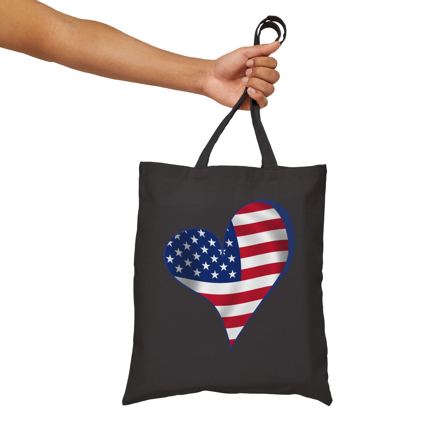 American Flag Heart Tote Bag, Cotton Canvas Grocery Shopping Beach Handbag, USA Pride Gift, Patriotic Shoulder Bag