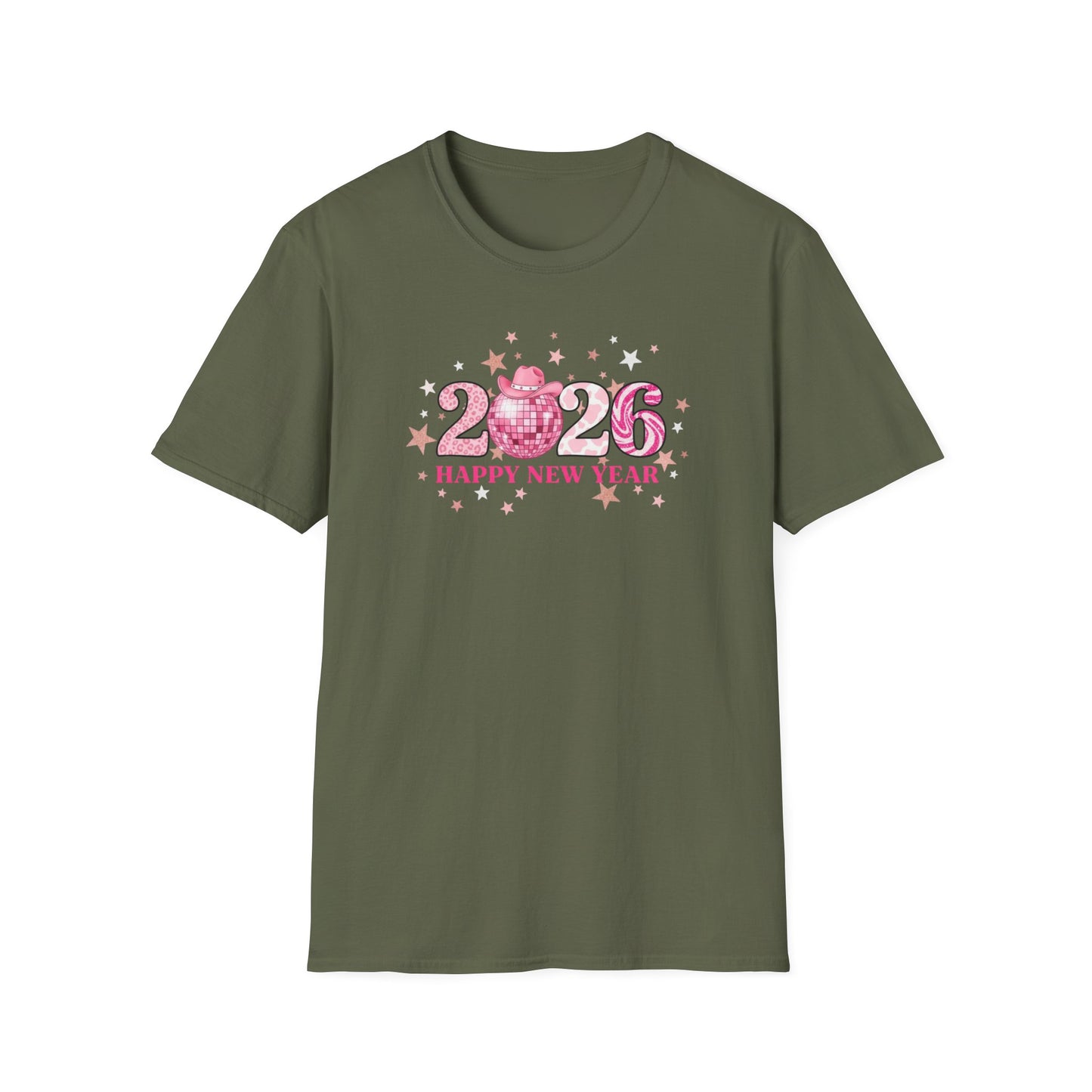 Happy New Year 2026 Pink Disco Cowgirl T-Shirt – Western New Year Shirt, Cute Pink 2026 Tee with Cowboy Hat & Stars, NYE Party Graphic Top
