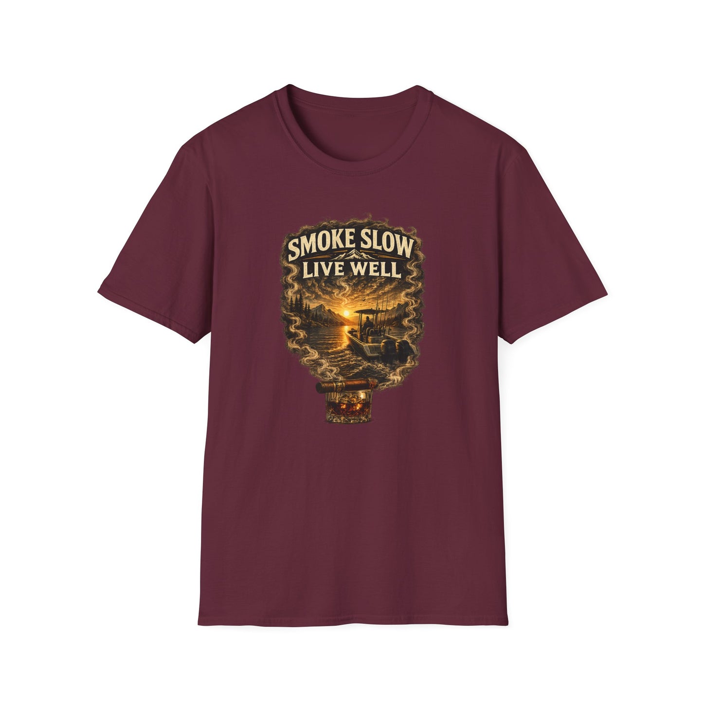 Smoke Slow Live Well Cigar T-Shirt – Whiskey & Outdoor Boating Lifestyle Cigar Tee