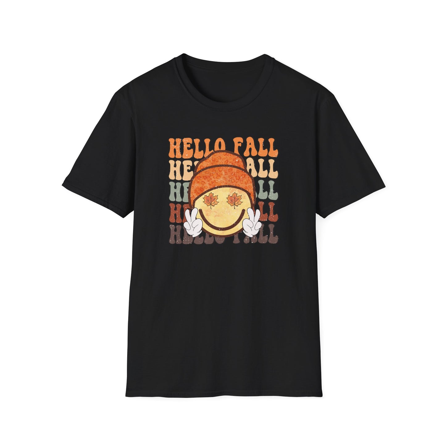 Hello Fall Happy Face Peace T-Shirt, Autumn Graphic Tee, Relaxing Casual Top, Seasonal Clothing, Thanksgiving Tee, Friendsgiving gift