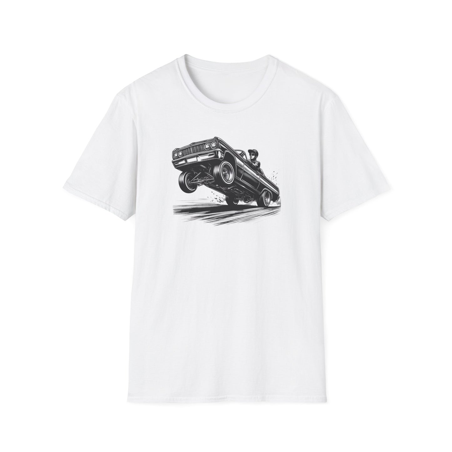 1964 Chevy Impala Hydraulics Lowrider Ink Drawing T-Shirt - Old School Hip Hop Cholo Art Tee Design - Chicano Car Club Graphic Tee