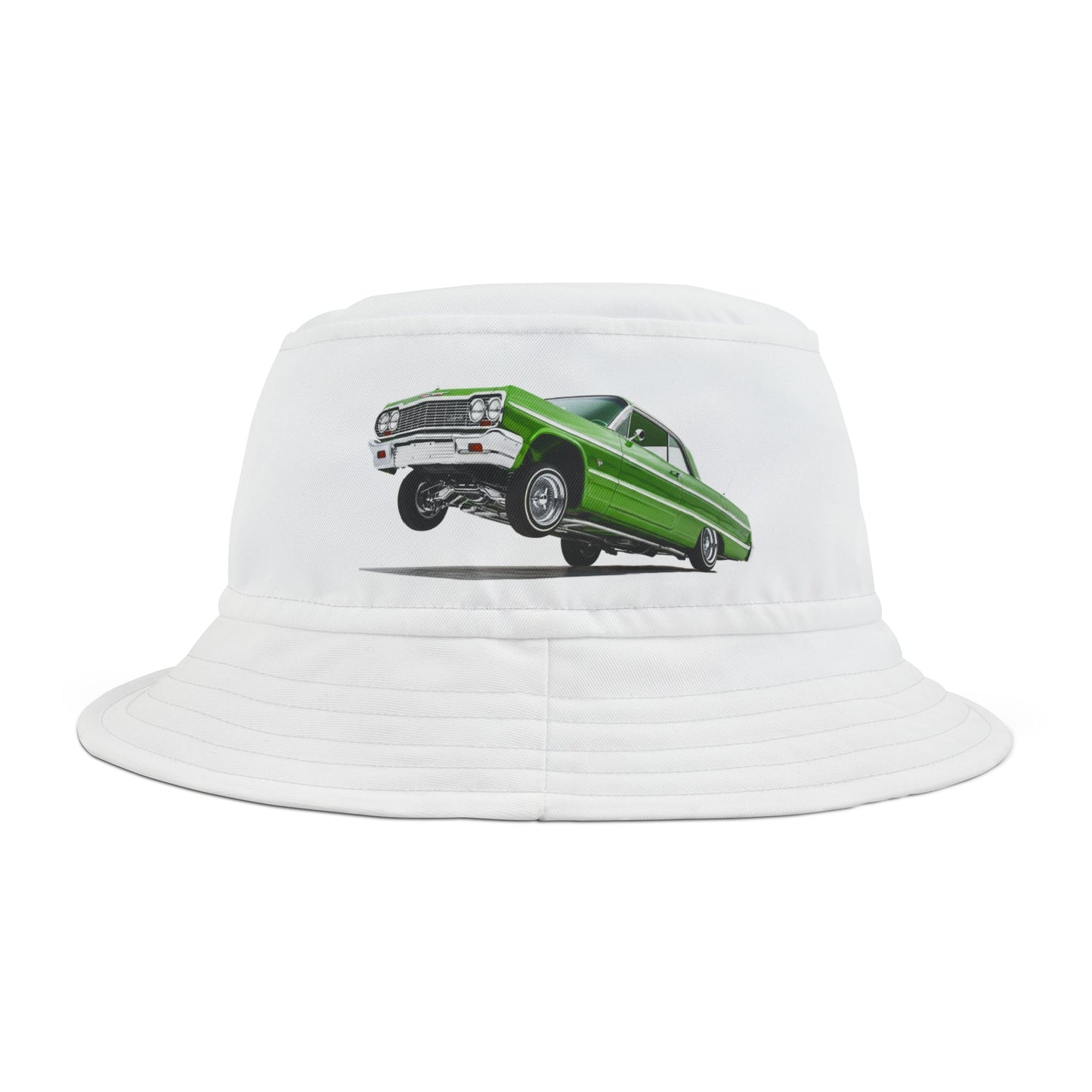 1964 Chevy Impala Hydraulics Lowrider graphic Bucket Hat - Old School Hip Hop Cholo Art Hat Design - Chicano Car Club Graphic Hat