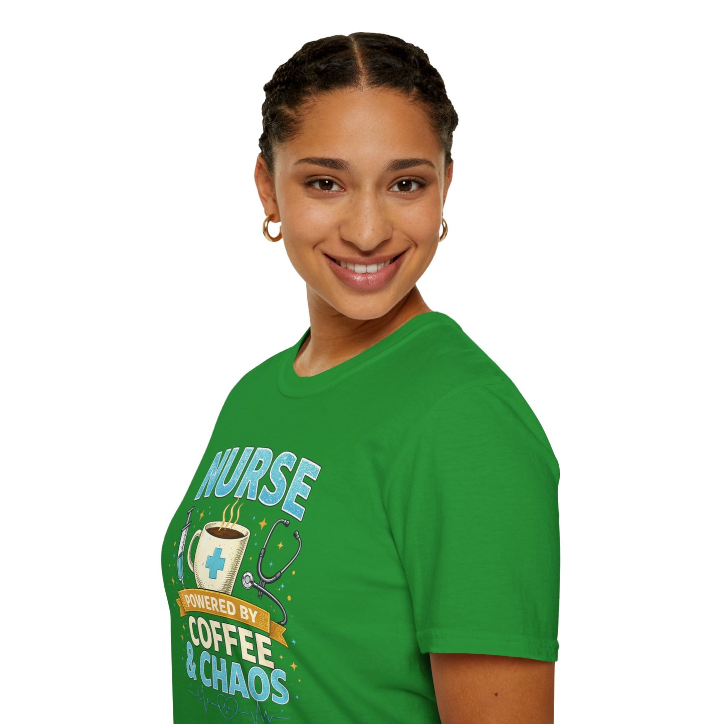 Nurse Powered by Coffee & Chaos Shirt, Funny Nurse Tee, RN CNA Gift, Nurse Life Graphic T-Shirt, Medical Worker Gift, Cute Nursing Shirt for Women Men