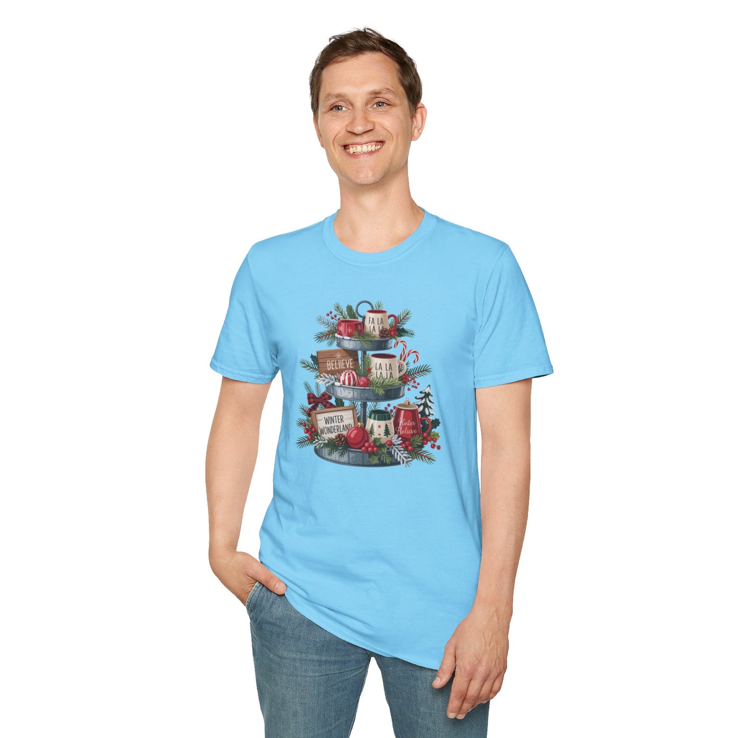 Christmas Mug Stack T-Shirt – Festive Holiday Tiered Tray Shirt with Fa La La Winter Wonderland Graphic Tee