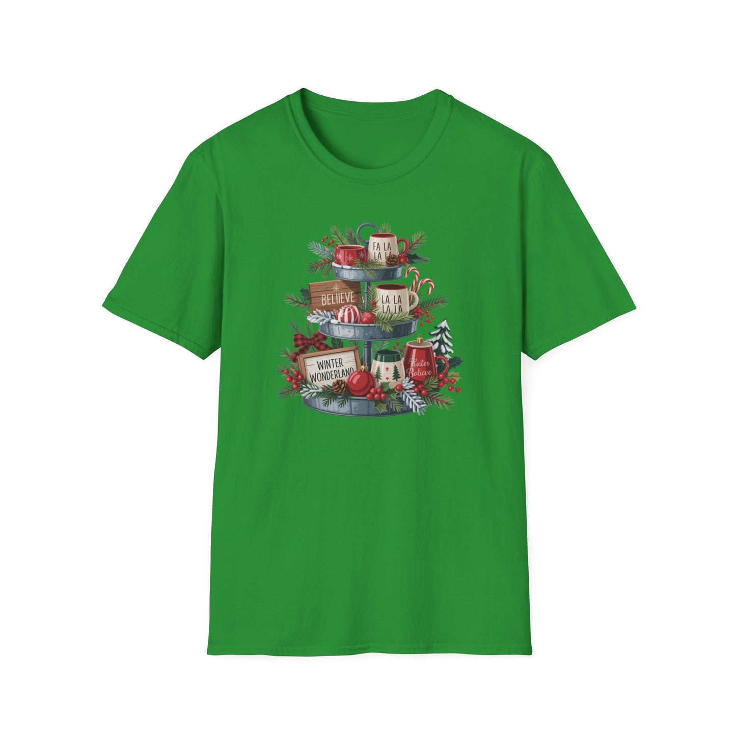 Christmas Mug Stack T-Shirt – Festive Holiday Tiered Tray Shirt with Fa La La Winter Wonderland Graphic Tee