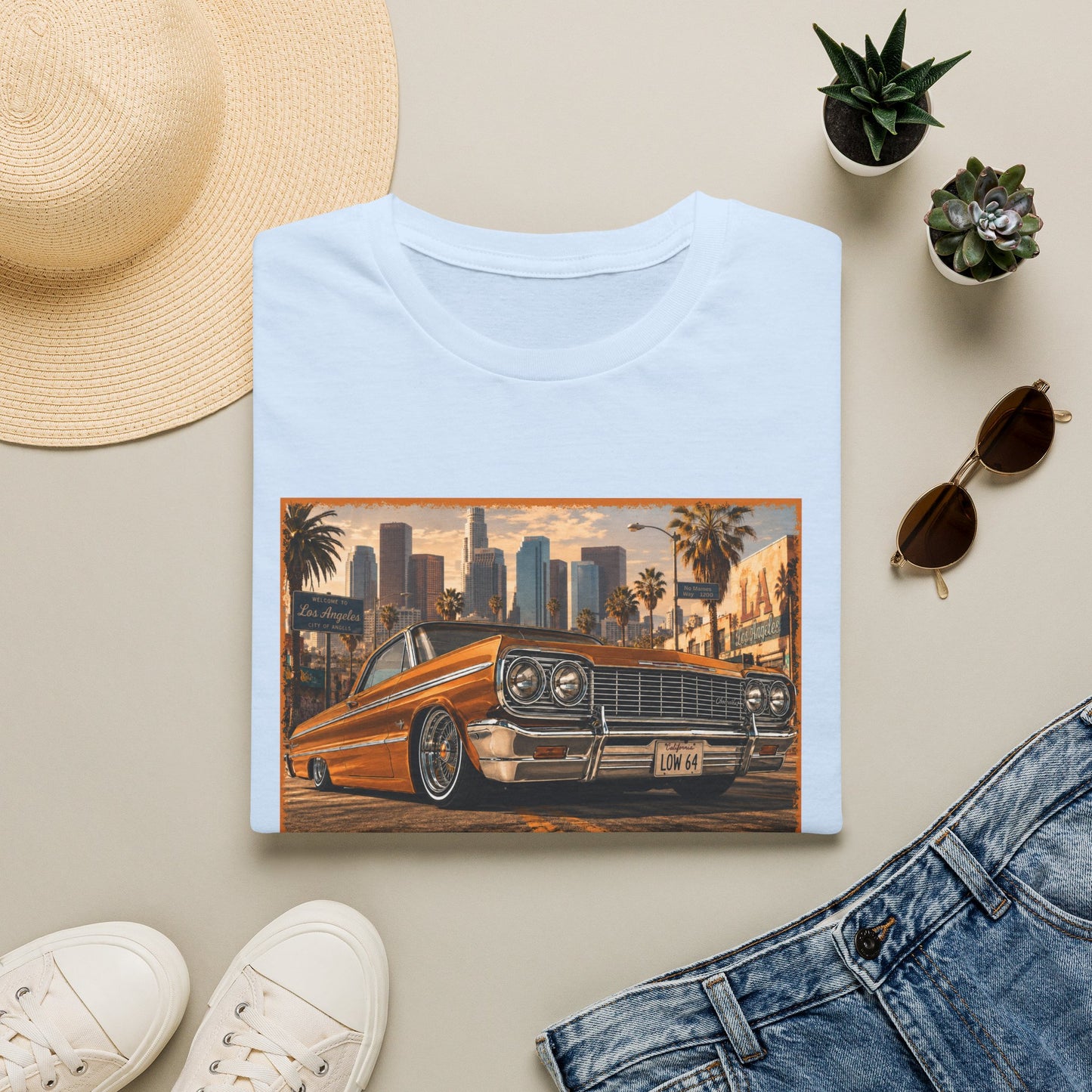 Los Angeles Lowrider T-Shirt, Orange Classic Car Graphic Tee, 1964 Style Car Shirt for Car Lovers