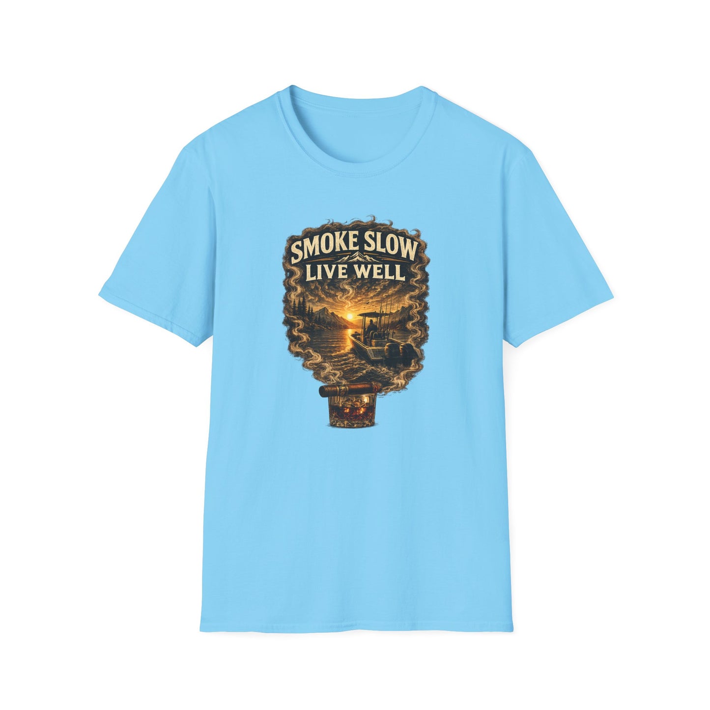 Smoke Slow Live Well Cigar T-Shirt – Whiskey & Outdoor Boating Lifestyle Cigar Tee