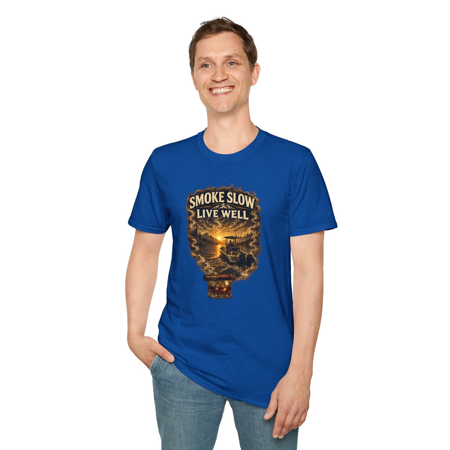 Smoke Slow Live Well Cigar T-Shirt – Whiskey & Outdoor Boating Lifestyle Cigar Tee