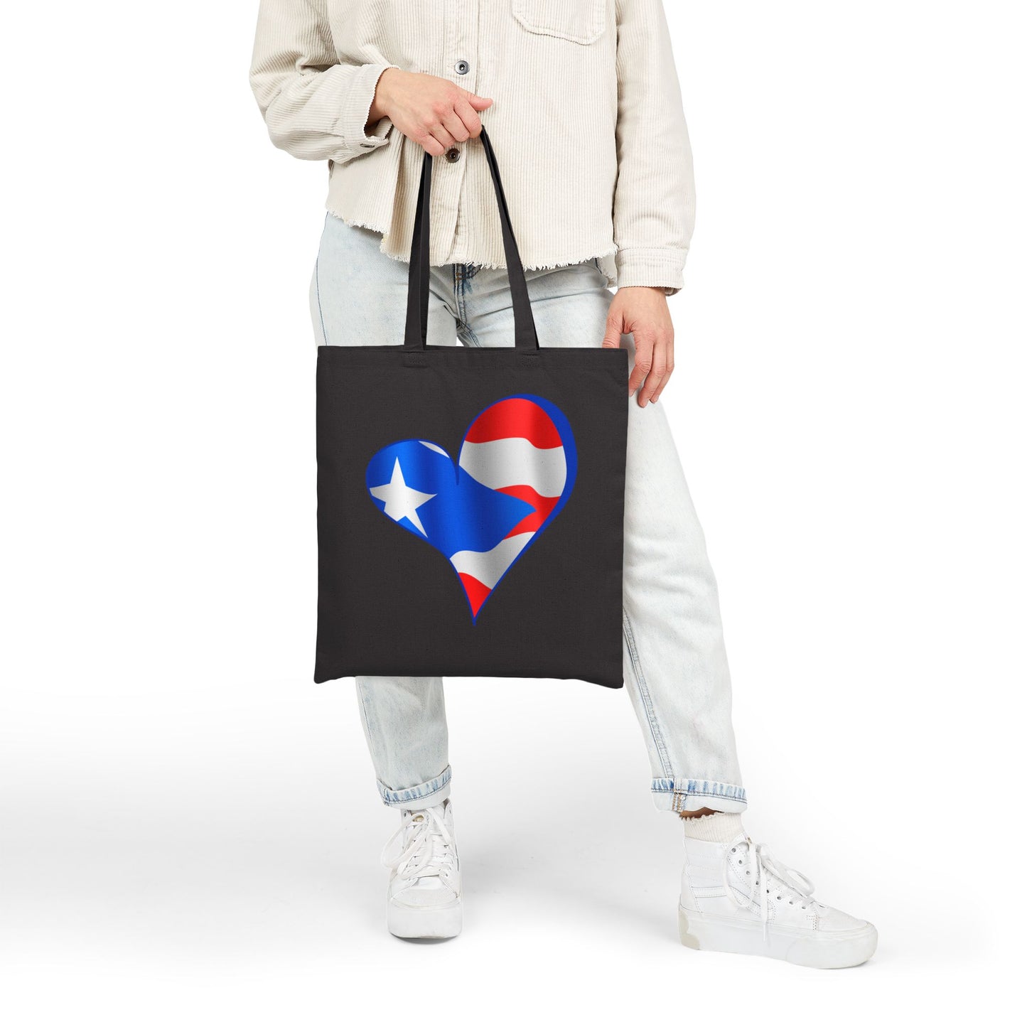 Puerto Rico Flag Heart Tote Bag, Cotton Canvas Grocery Shopping Beach Handbag, Boricua Pride Gift, Patriotic Shoulder Bag