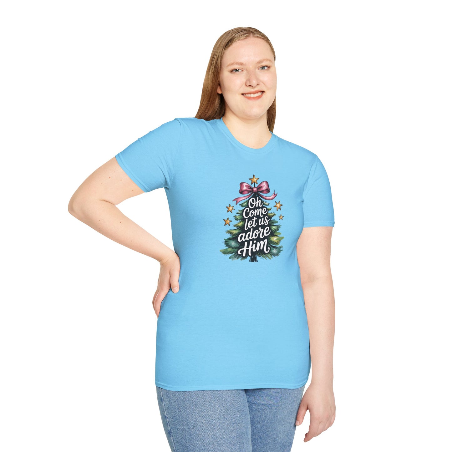 Oh Come Let Us Adore Him Christmas T-Shirt – Christian Holiday Tee with Bow and Christmas Tree Design