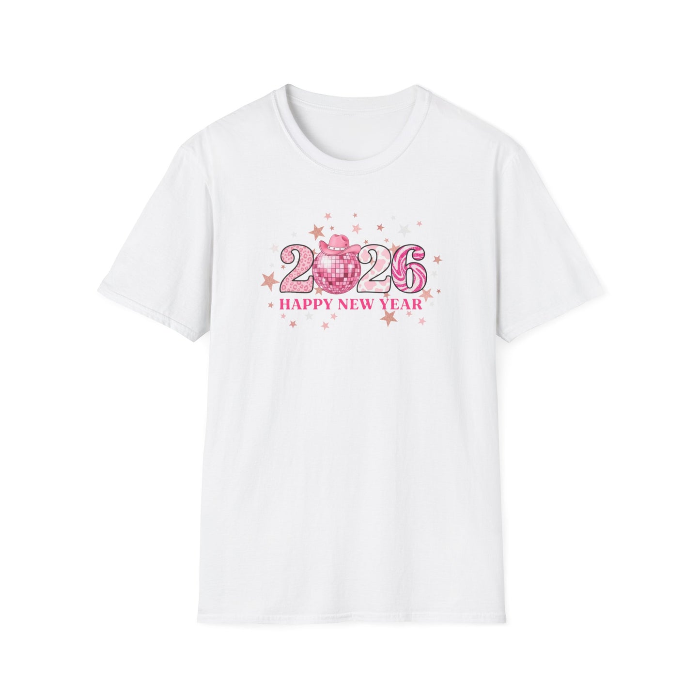 Happy New Year 2026 Pink Disco Cowgirl T-Shirt – Western New Year Shirt, Cute Pink 2026 Tee with Cowboy Hat & Stars, NYE Party Graphic Top