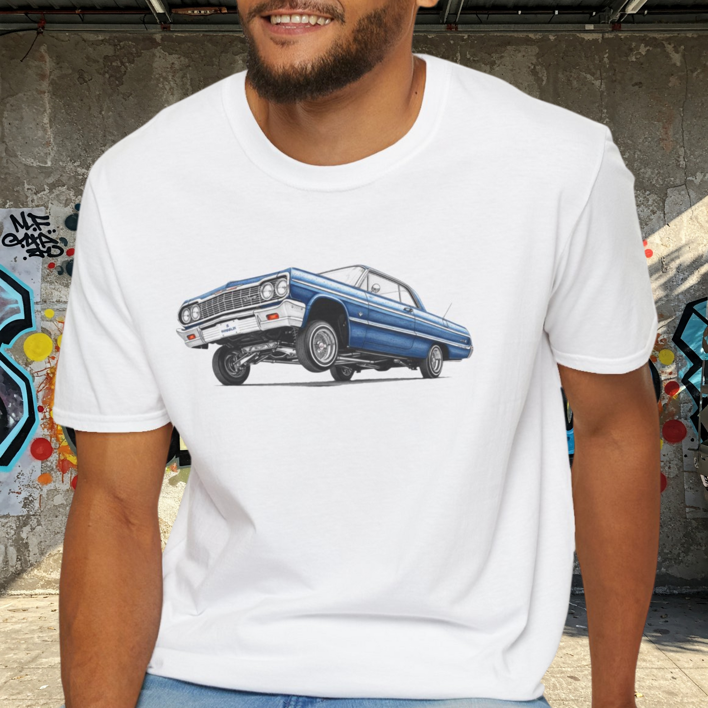 1964 Chevy Impala Hydraulics Lowrider Ink Drawing T-Shirt - Old School Hip Hop Cholo Art Tee Design - Chicano Car Club Graphic Tee