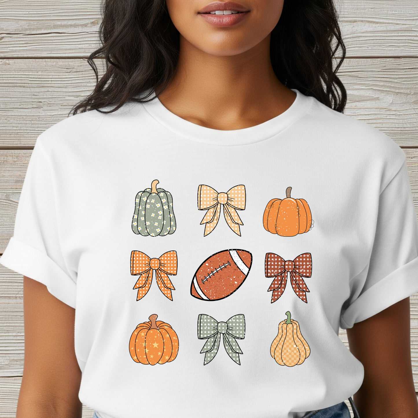 Fall Pumpkins Bow Football Unisex T-Shirt, Autumn Tee, Pumpkin Patch Shirt, Thanksgiving Top, Harvest Festival Apparel, Gif for her